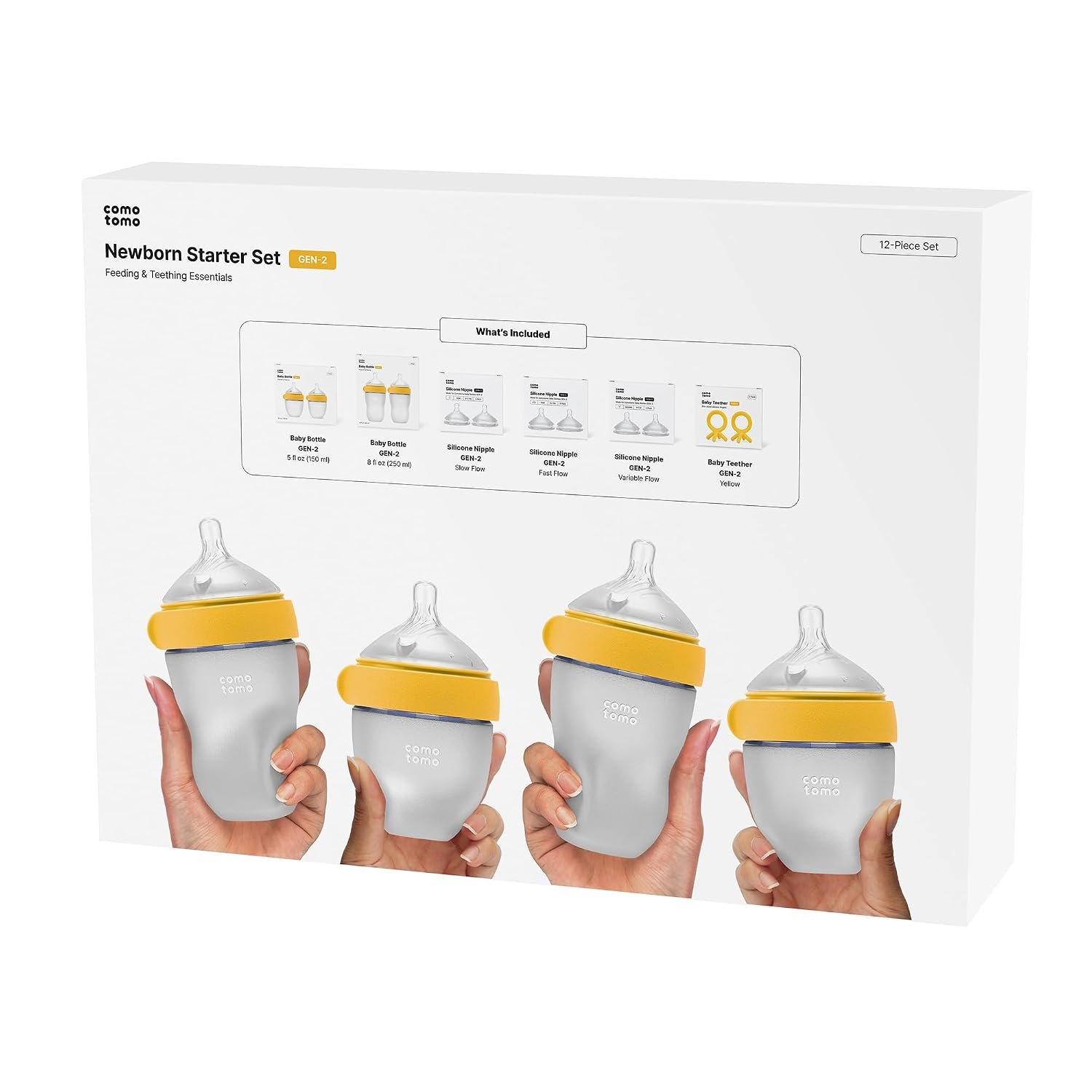 Comotomo Newborn Starter Set – 12 Piece Baby Bottle Gift Set, Yellow