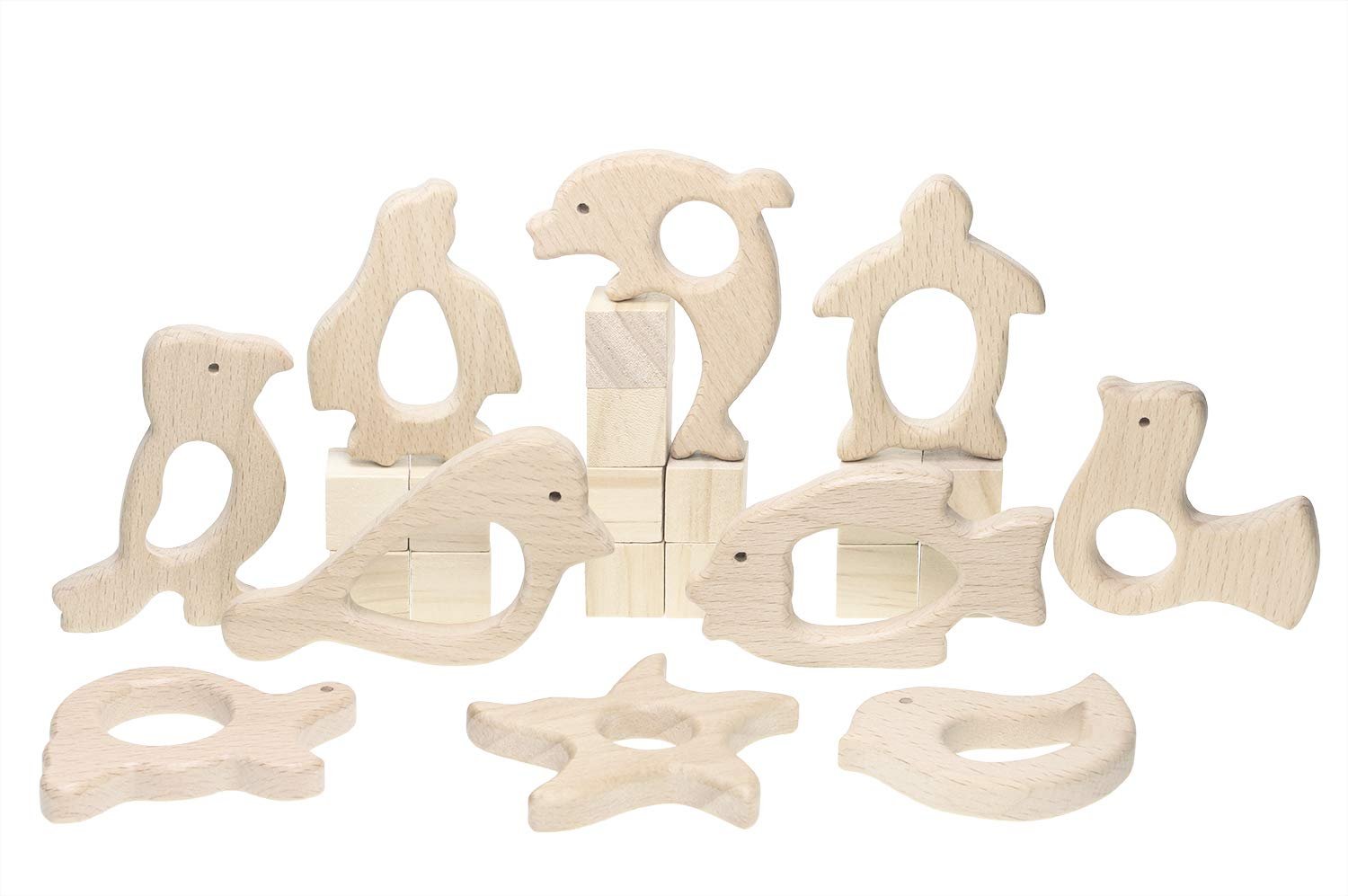 Penta Angel 10Pcs Wood Teething Rings Pain Relief Natural Wood Teething Toys Wooden Teether Animals for Infant Toddler, Turtles Swallows Dolphins Starfish Pigeons Birds Woodpeckers Fish Turtle