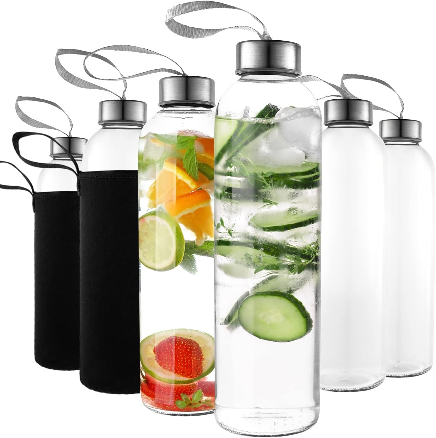 Kitchen Lux 24oz Glass Water Bottles (Set of 6) w/Nylon Protective Sleeves