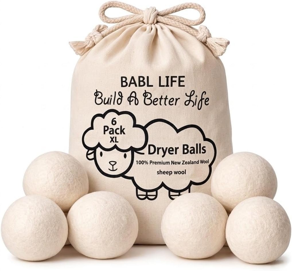 XL Wool Dryer Balls 6 Pack, 3 Inch, 100% New Zealand Wool, Reusable Natural Fabric Softener for Towels, Bedding and Larger Loads, Helps Reduce Drying Time, Wrinkles and Static Cling
