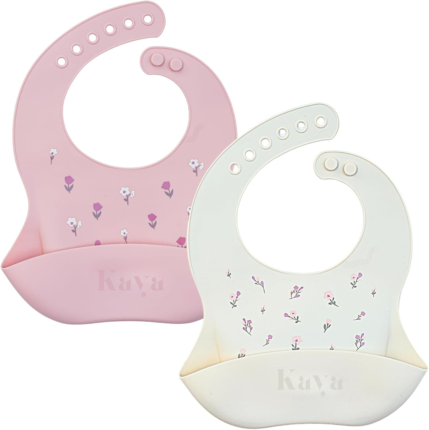 Kaya Silicone Baby Bib Pack of 2, BPA-Free Waterproof Food Catcher, Adjustable Neck, Dishwasher Safe, Babies and Toddlers