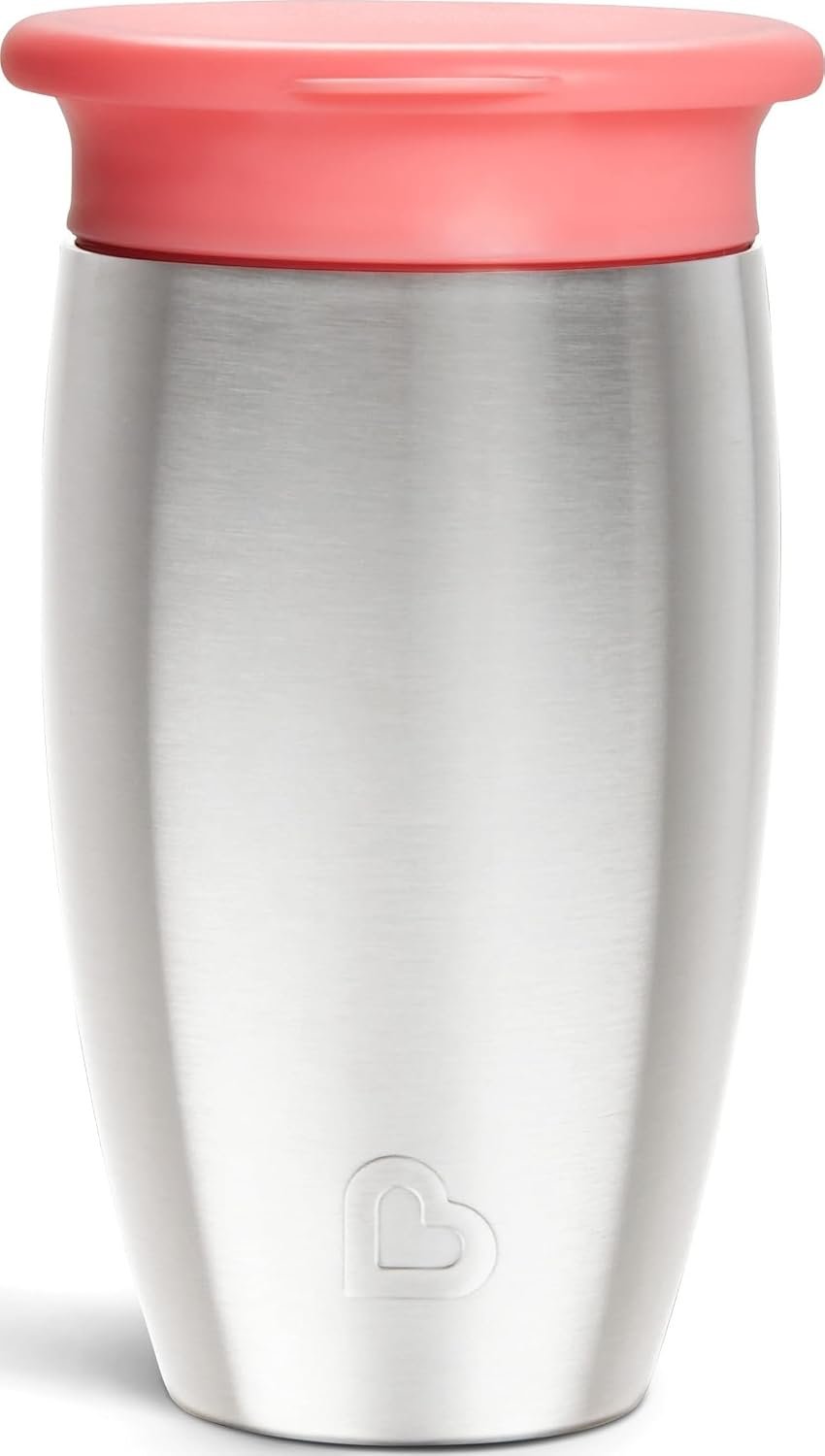 Munchkin Stainless Steel Sippy Cups for Toddlers 1-3, Spill Proof Miracle 360 Cup, Insulated, 10 Ounce, Pink
