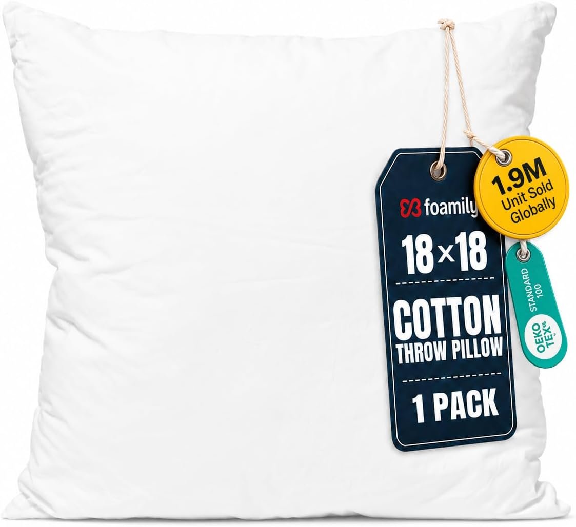 Foamily 18×18 Throw Pillow Insert, 100% Cotton Cover, Down Alternative