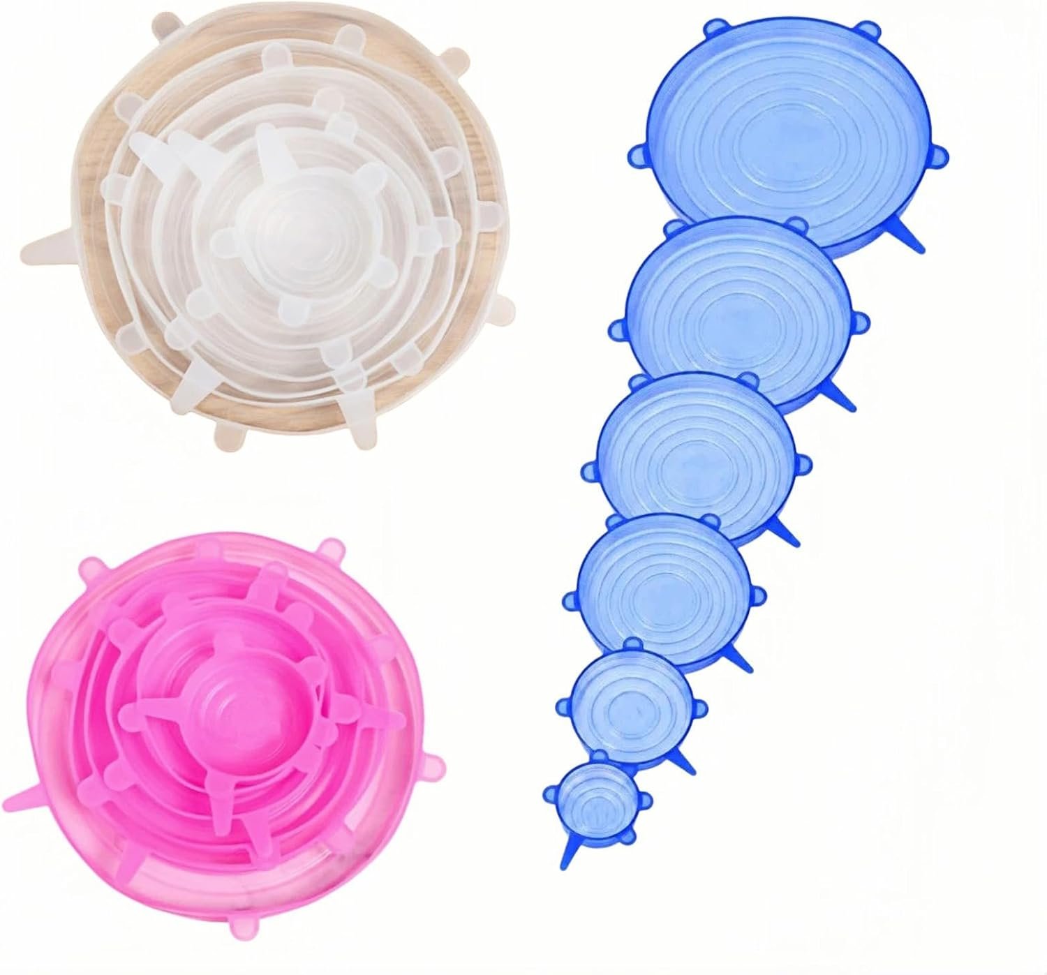 18 Pack Silicone Stretch Lids, 6 Sizes Reusable Flexible Food Storage Covers,Airtight Seal Silicone Bowl Covers for Containers Bowls Pots Fruits,Microwave & Dishwasher Safe (Pink Blue Clear)
