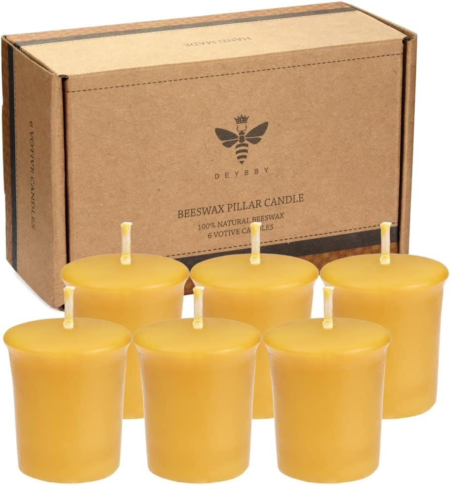 DEYBBY Beeswax Votive Candles 12-Hour Burn Unscented Small Candles 6 Pack