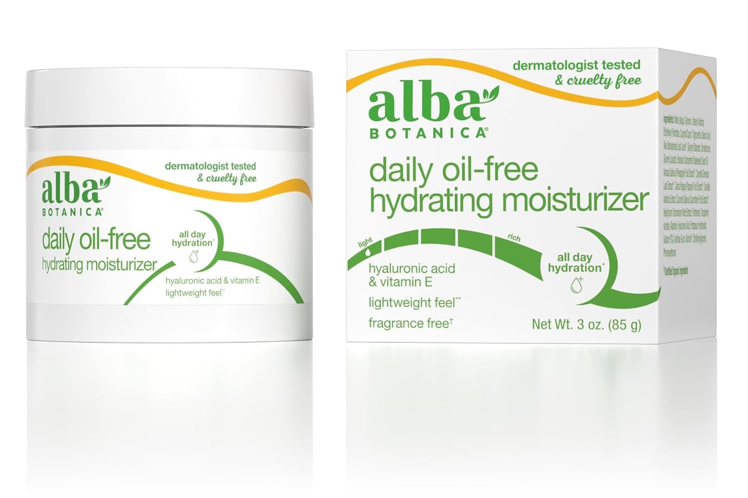 Alba Botanica Daily Oil Free Hydrating Moisturizer, with Hyaluronic Acid and Vitamin E, 3 Oz (Packaging May Vary)