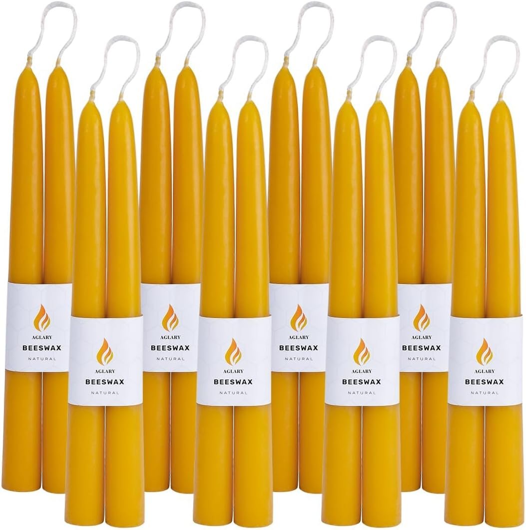 16PCS 9″ Natural Beeswax Taper Candles, Dripless Smokeless, Long Lasting