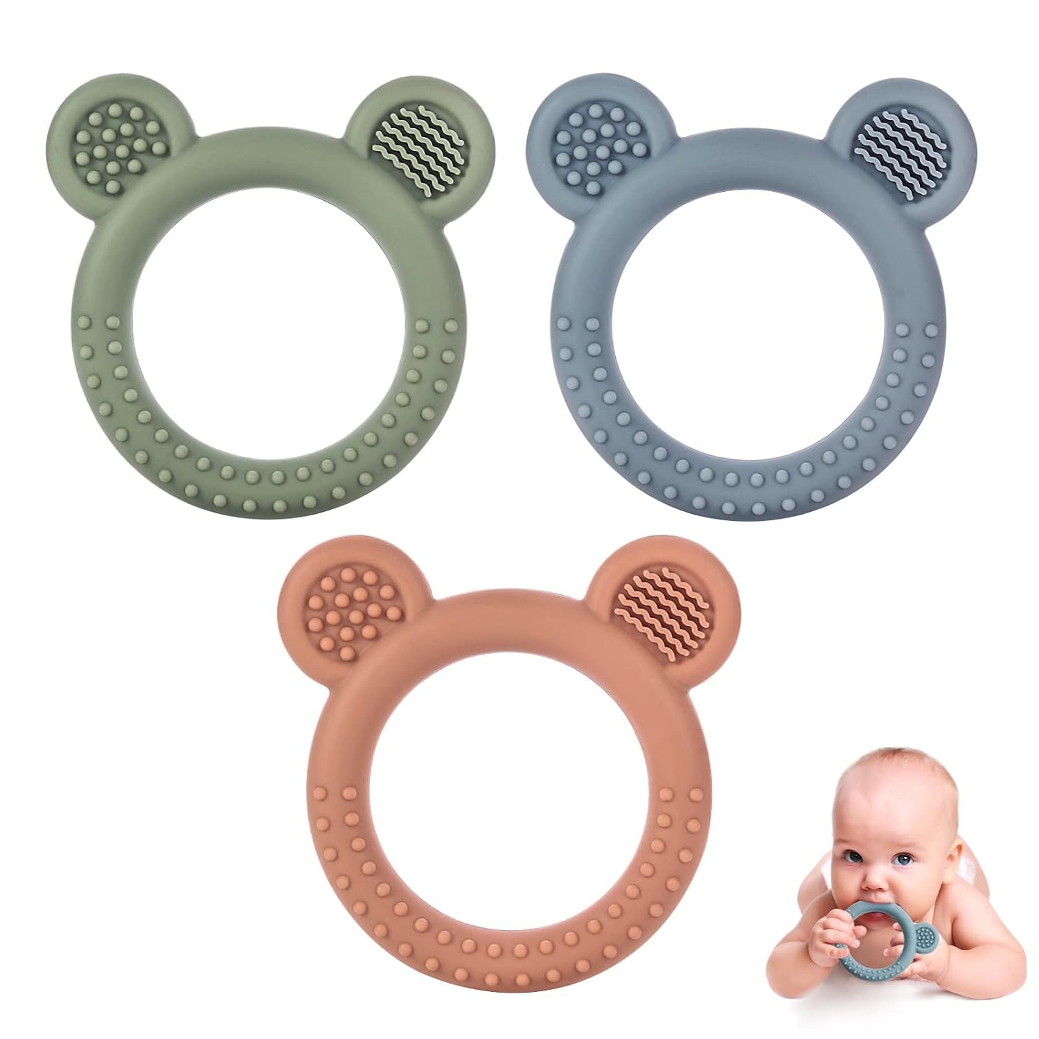 Eascrozn Baby Teething Toys Set of 3, Silicone chew Toys 3M+ BPA Free