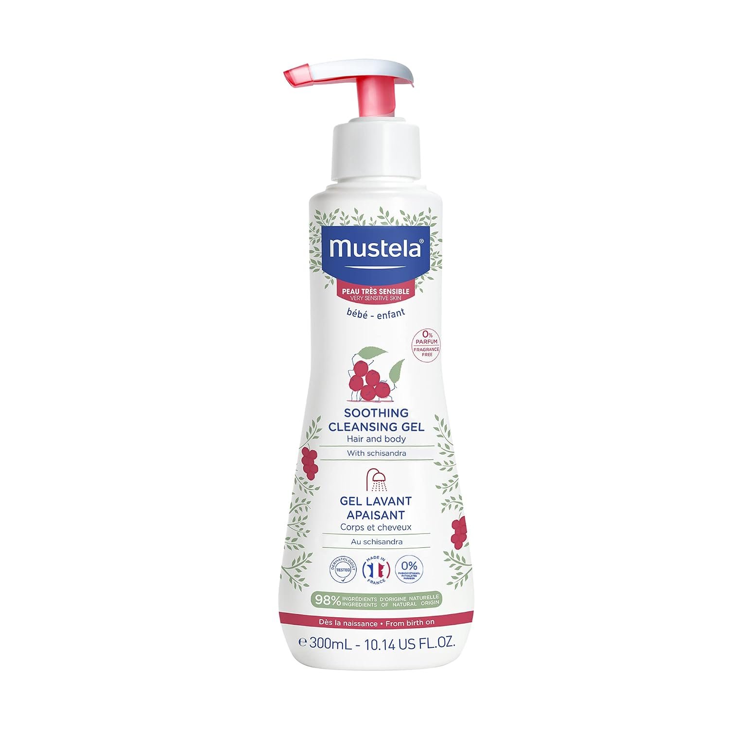 Mustela Baby Soothing Cleansing Gel – Fragrance-Free Hair & Body Wash for Very Sensitive Skin – with Natural Avocado Perseose & Schizandra Berry – 10.14 fl. oz.