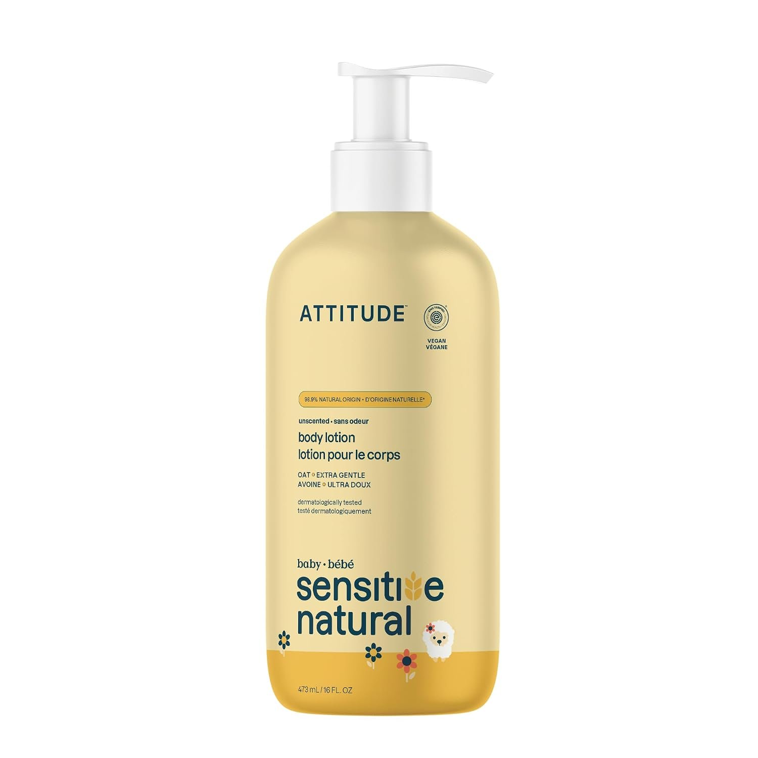 ATTITUDE Body Lotion for Baby, EWG Verified, Plant and Mineral-Based Ingredients, Vegan Personal Care Products, Sensitive Skin, Unscented, 16 Fl Oz