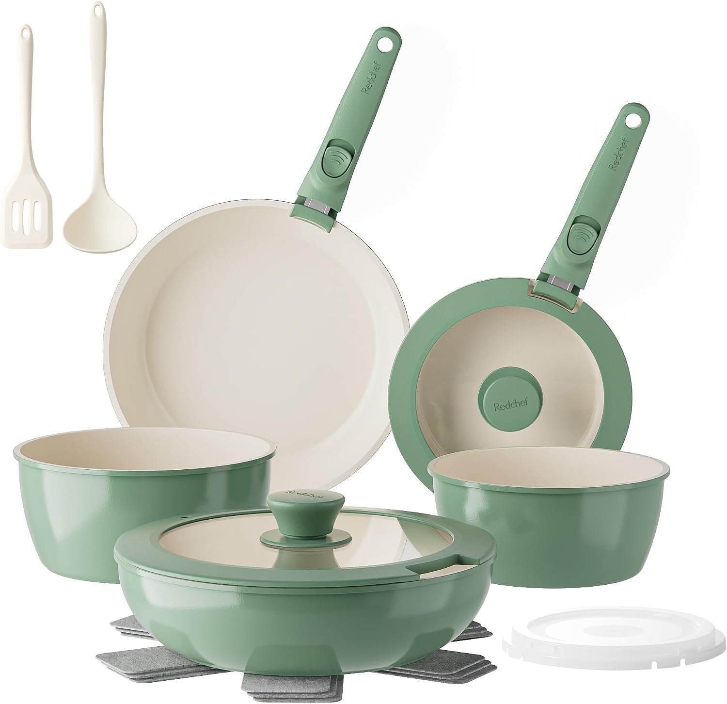 Redchef Ceramic Nonstick Pans and Pots Set, Ceramic Cookware Set with Detachable Handles16Pcs, Induction Dishwasher Oven Safe Kitchen Cooking Set, PFAS PFOA & PTFE Free, Green