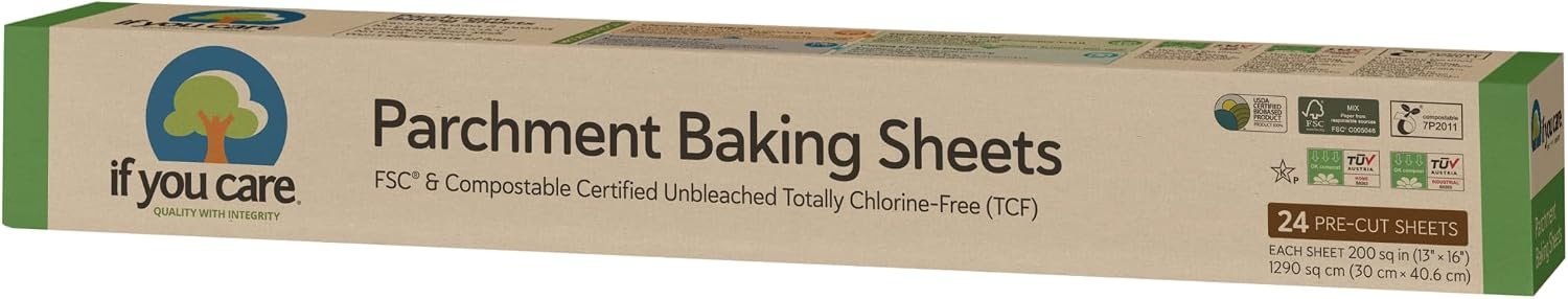 If You Care Parchment Paper Baking Sheets – 12 Pack of 24-Count Precut Liners – Unbleached, Chlorine Free, Greaseproof, Silicone Coated – Standard Size – Fits 12.5” x 16” Pans