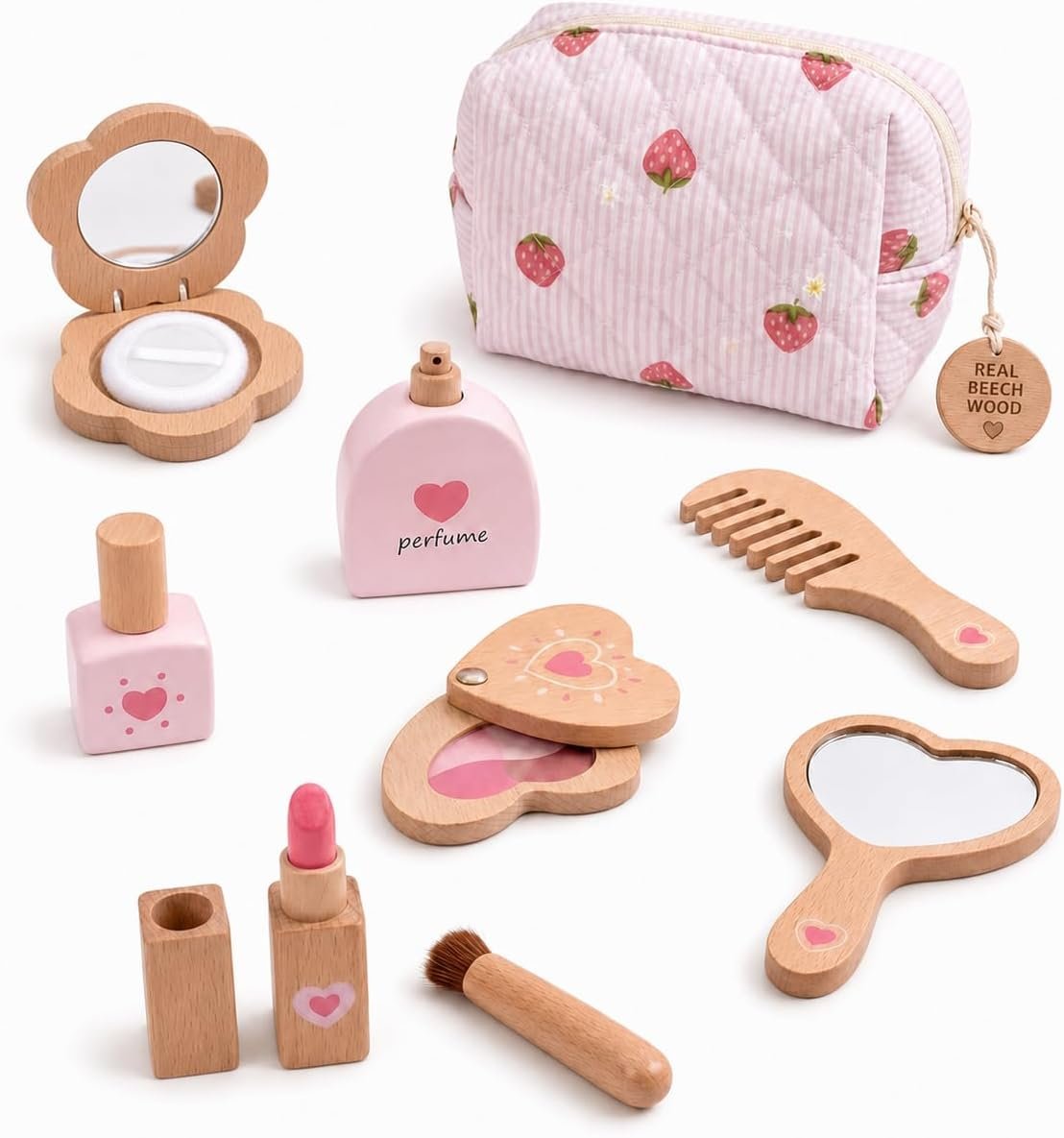 Wooden Pretend Makeup Kit for Toddlers, Non-Toxic Kids Fake Play Make Up Toy Set, Lipstick Perfume Blush Nail Polish Mirror Brush Comb in 1 Bag, Birthday Gift Little Girls Age 3 4 5 6 Year Old
