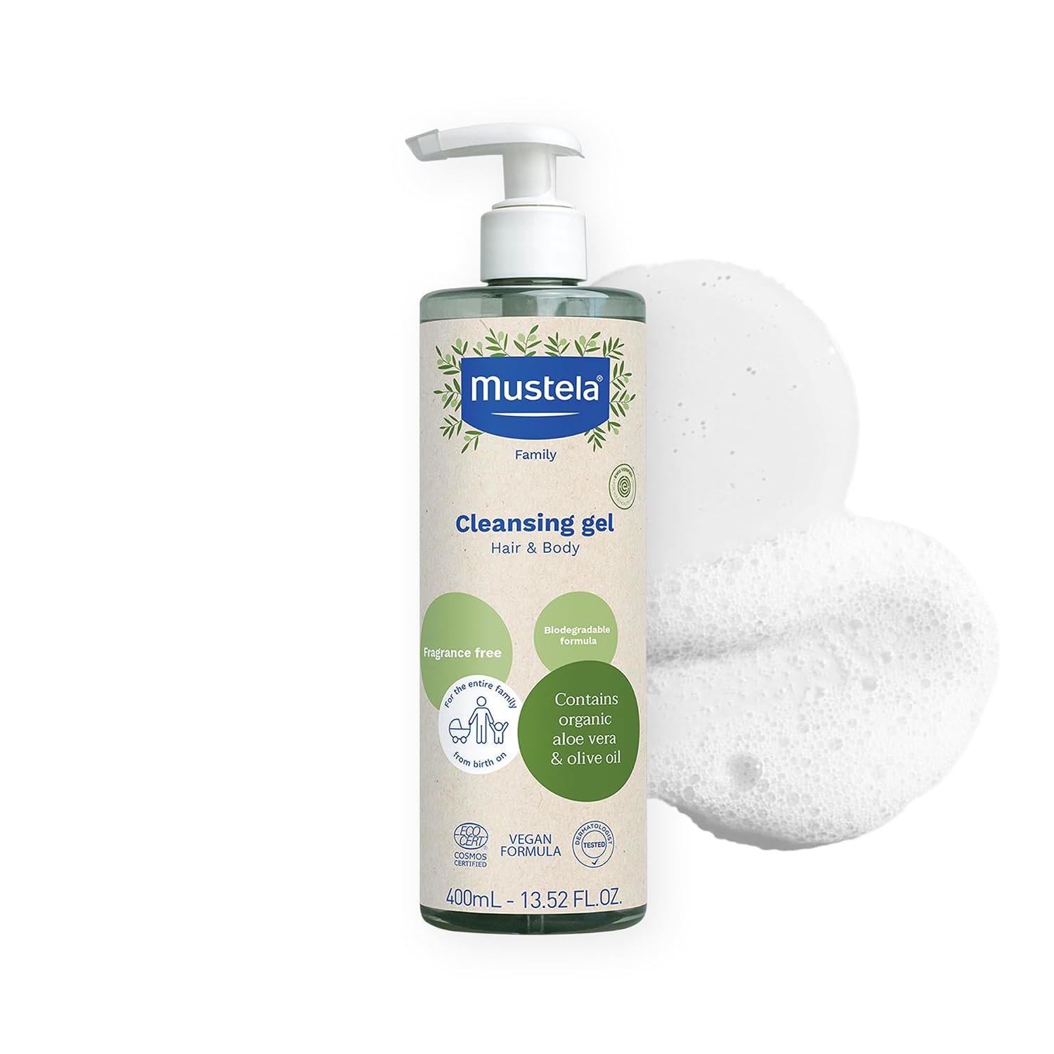 Mustela Certified Organic Cleansing Gel – Natural Hair & Body Wash with Olive Oil & Aloe Vera – For Baby, Kid & Adult – Fragrance Free, Tear Free, Vegan & Biodegradable – 13.52 fl. oz.
