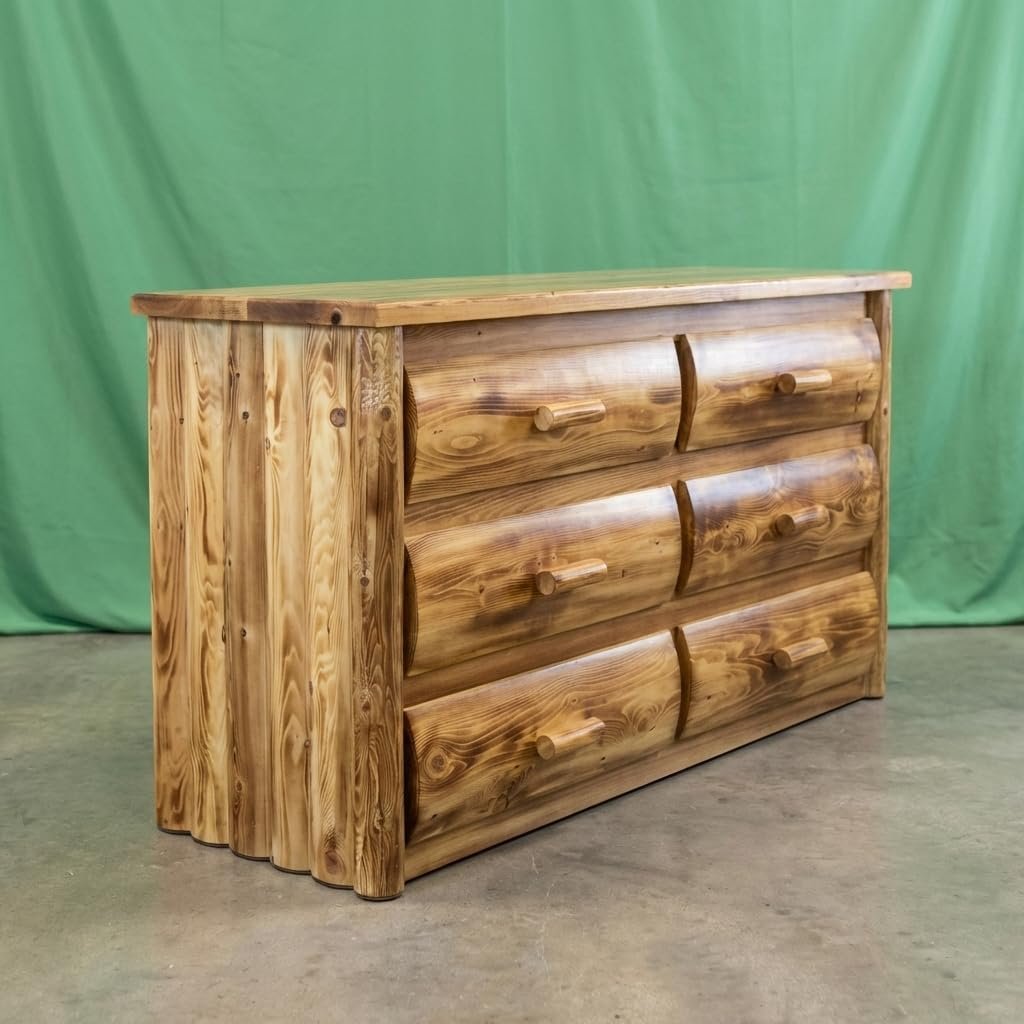Log Dresser [6 Drawer] – Torched Cedar/Dovetail / 100% Solid Wood/Amish Handcrafted in USA