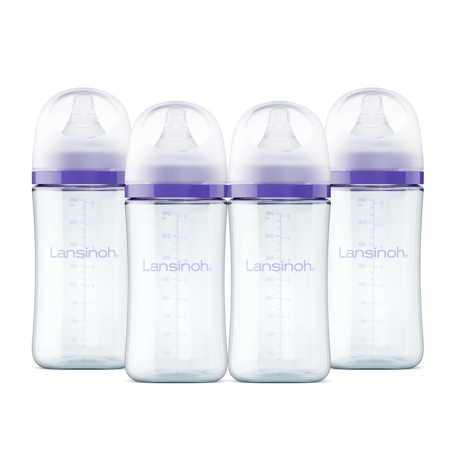 Lansinoh Anti-Colic Glass Baby Bottles, Purple Collar, 8 Ounces, 4 Count