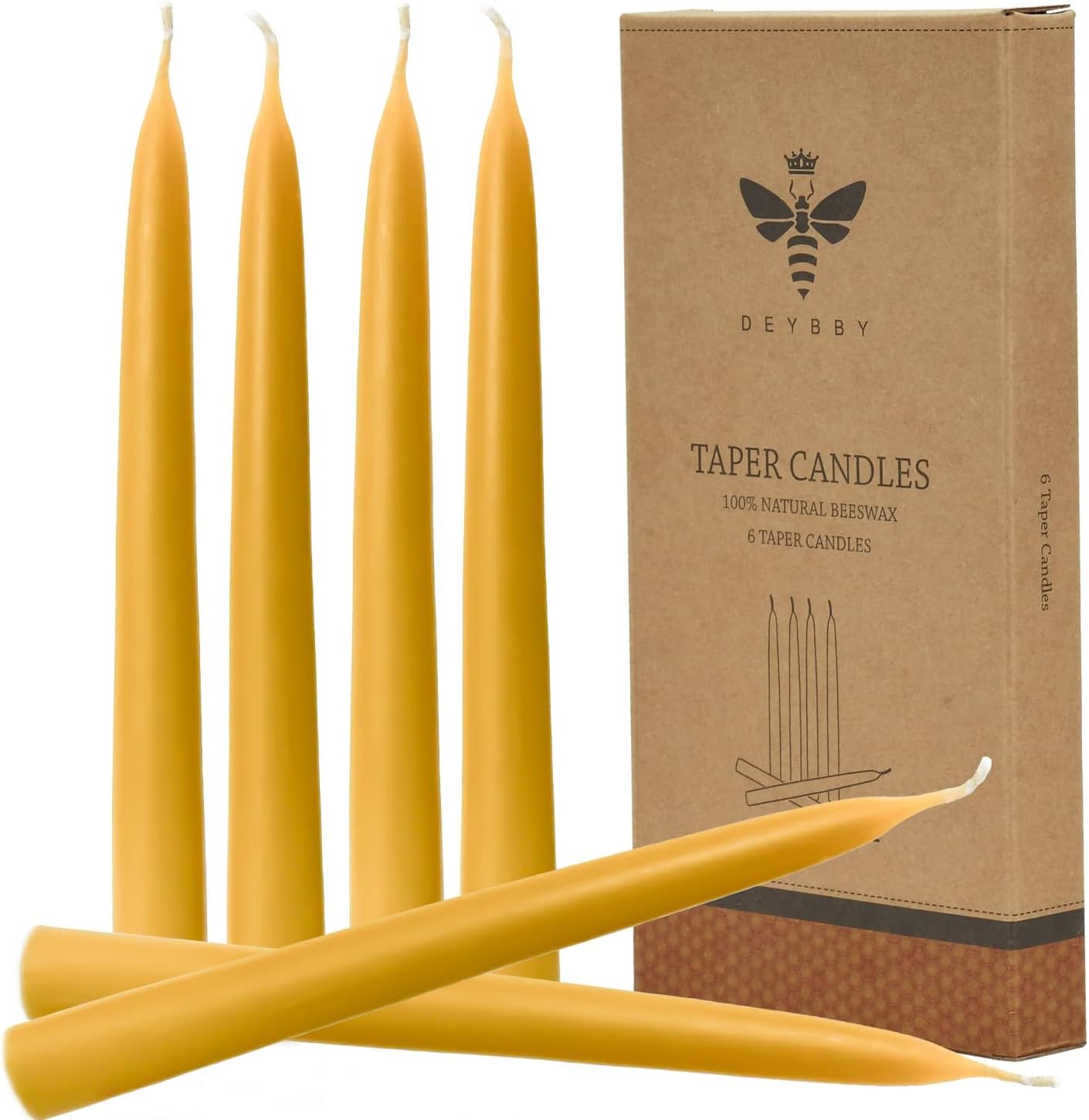 10 inch Natural Beeswax Taper Candles Set of 6, DEYBBY Smokeless and Dripless Organic Natural Beeswax Candles for Home Dinner Decor Emergency Housewarming Gift, Long Lasting Burning, Nontoxic