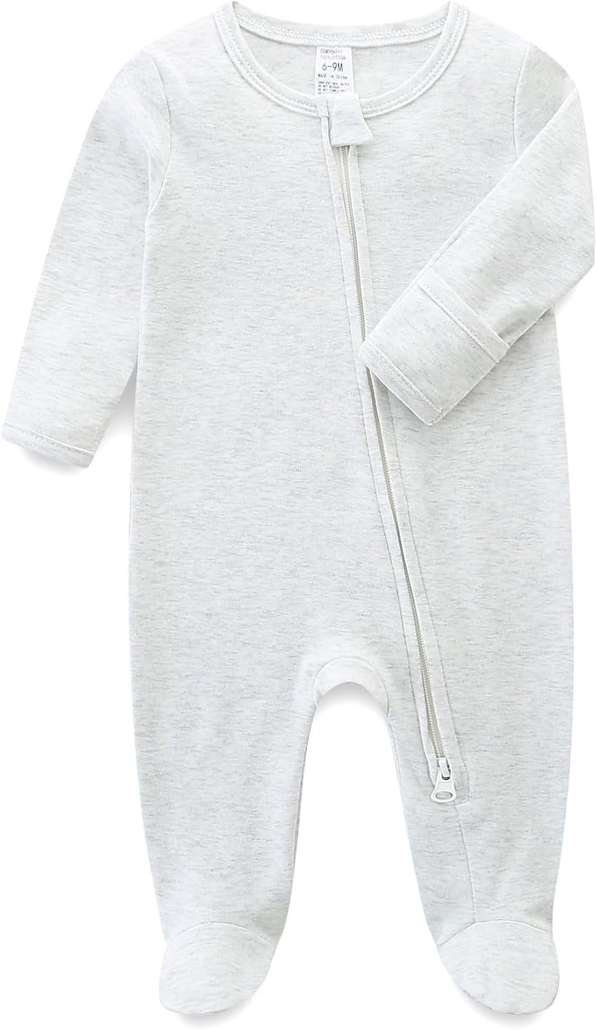 Hikido Baby Romper 100% Organic Cotton Pajamas One Piece Long Sleeve Zipper Footie Onesie for 0~12M Baby
