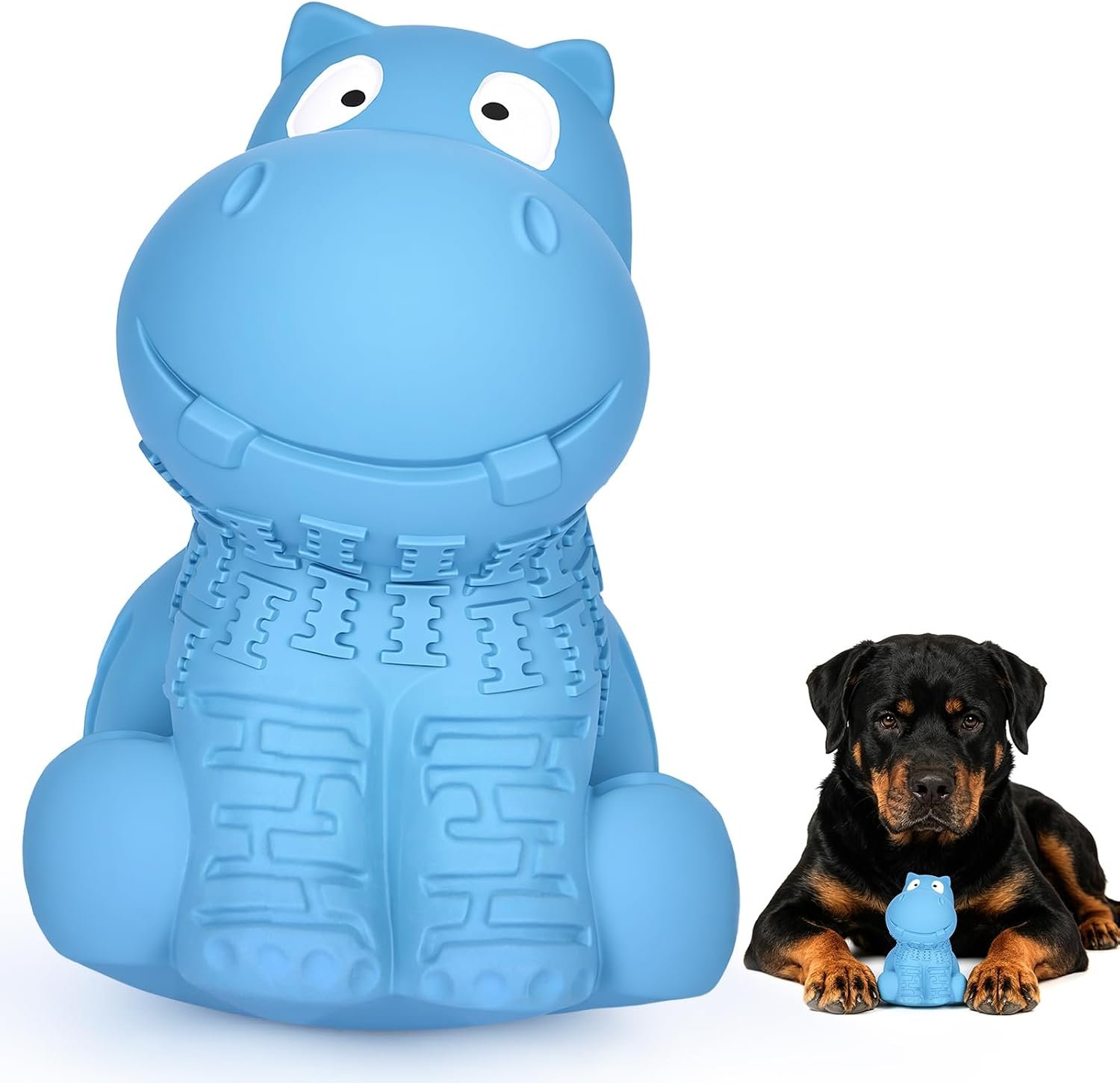 petizer Tough Squeaky Dog Toys for Aggressive Chewers – Durable Natural Latex Rubber Dog Toy with Real Beef Scent, Indoor & Outdoor Trainning Toy for Medium, Large Breeds – Blue Hippo