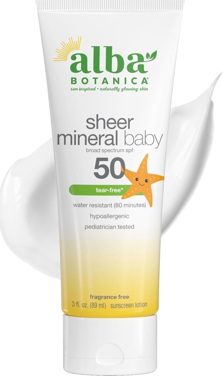Alba Botanica Baby Sunscreen for Face and Body, Sheer Mineral Sunscreen Lotion, Broad Spectrum SPF 50, Water Resistant and Fragrance-Free, 3 Fl Oz (Packaging May Vary)