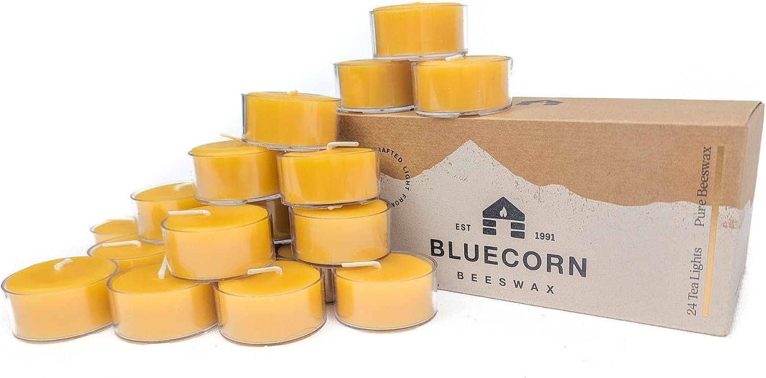 Bluecorn Beeswax Tea Light Candles, Raw Yellow, Clear Cups, 24 Pack