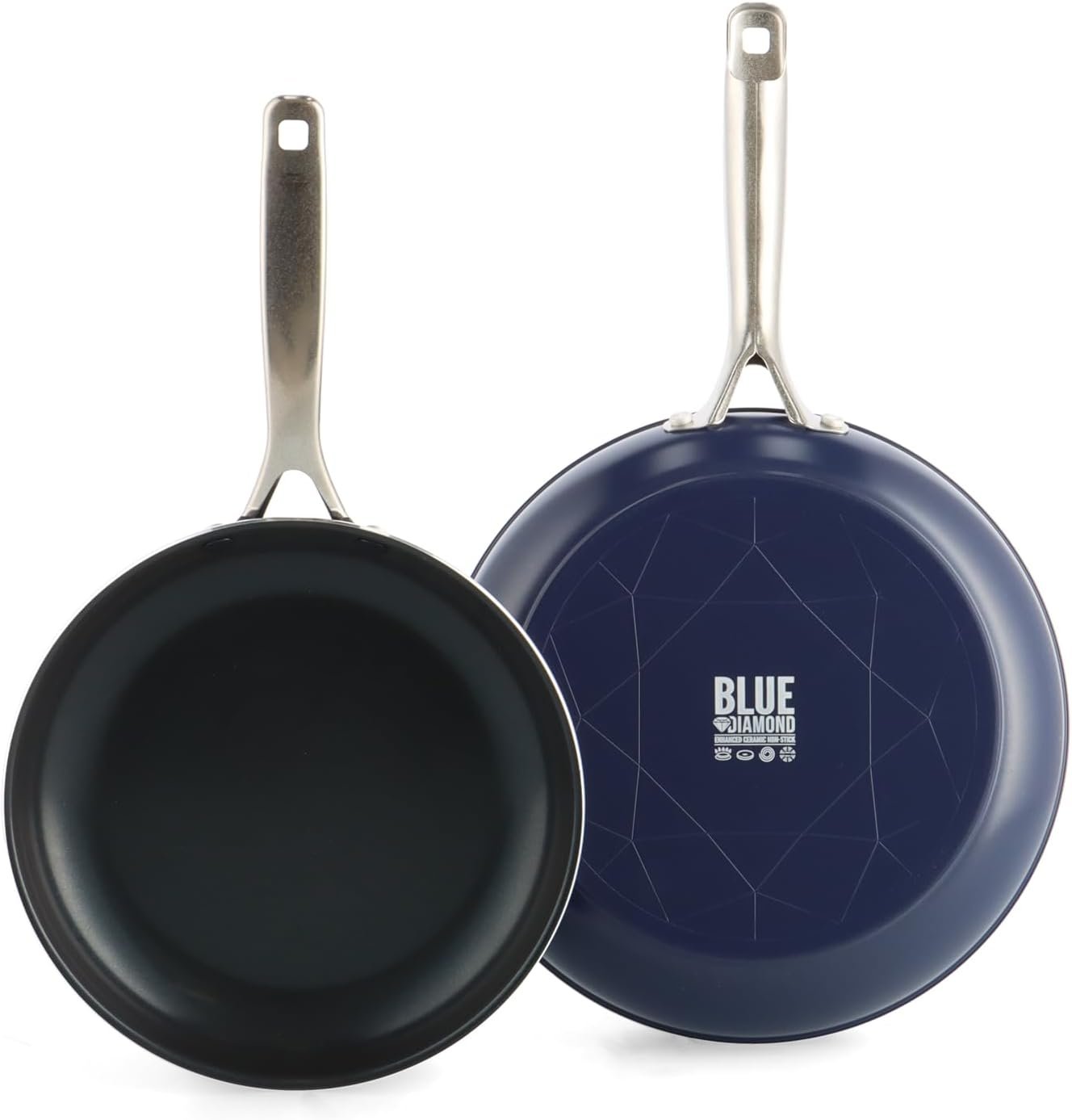 Blue Diamond 2 Piece Nonstick Frying Pan Set, 9.5” & 11″ Skillets, PFAS-Free Ceramic, Dishwasher & Oven Safe, Stainless Steel Handle, Durable Metal Utensil Safe, Egg & Omelet Pans, Blue