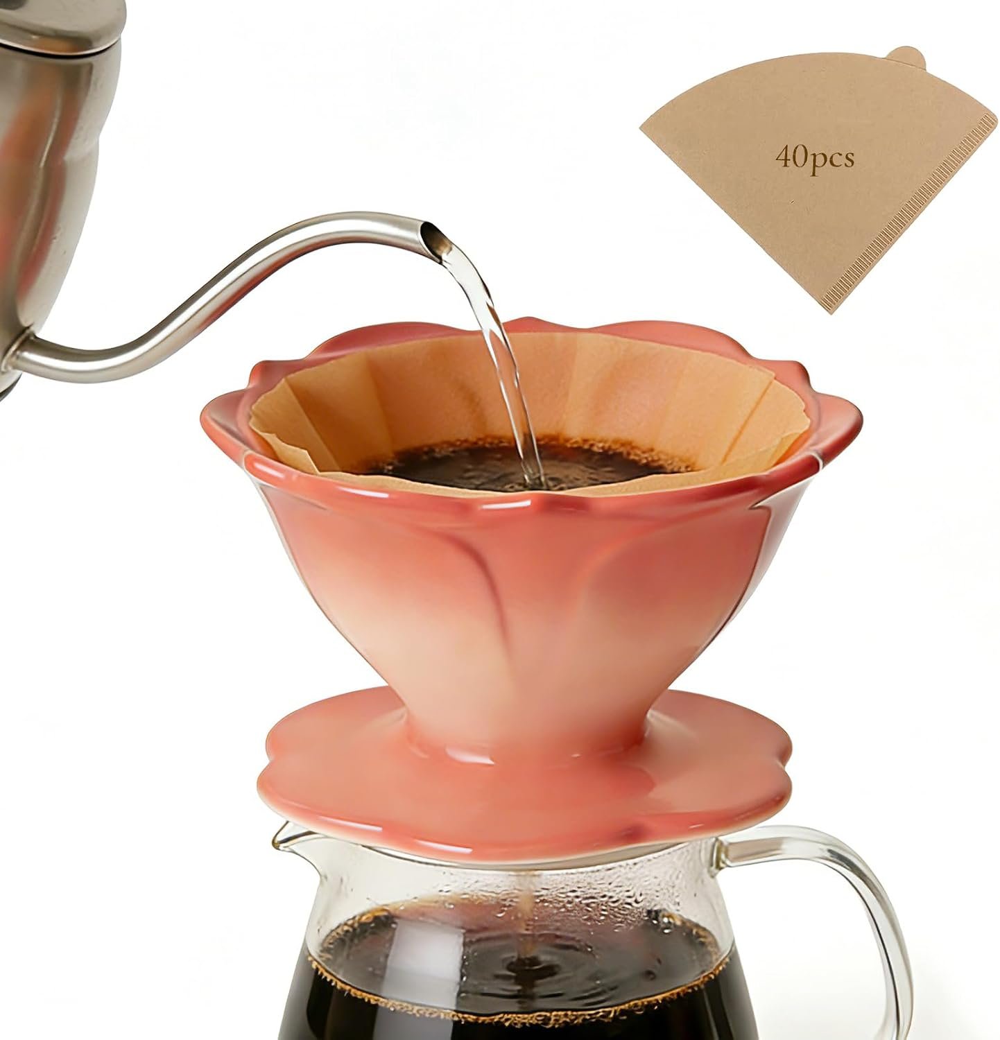 Premium Ceramic Pour Over Coffee Dripper，Includes 40pcs Coffee Filter Papers, suitable for home and travel, Flower Petal Dripper（Gradient Red）