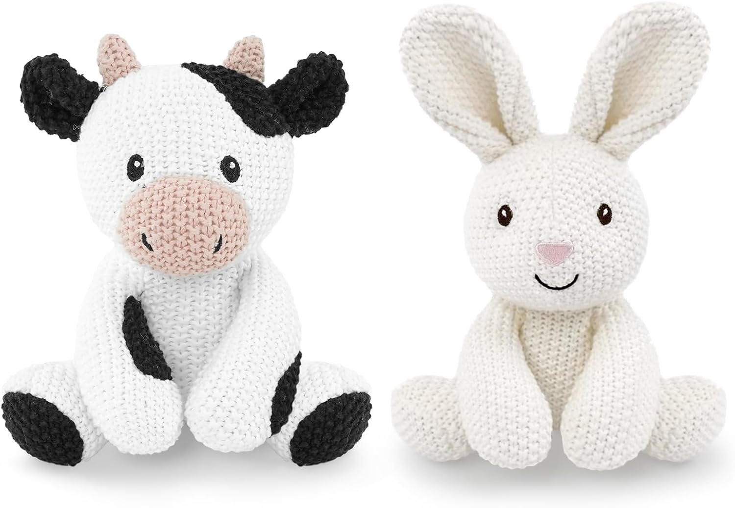 2-Pack Crochet Stuffed Animals (Sitting Cow & Rabbi), 8-10 Inches Soft Cotton Thread Plush, Hand-Crocheted Toys, Kid & Adult-Friendly Gifts