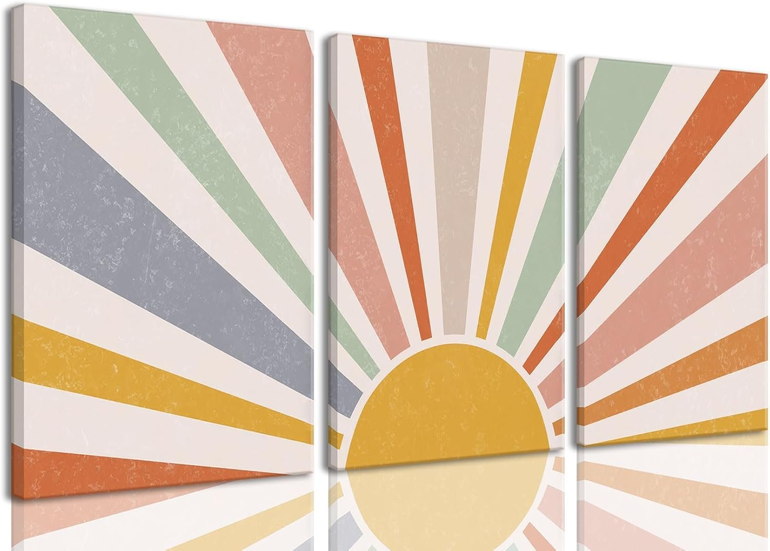 okudolit Boho Sun Canvas Wall Art prints Set of 3 Rainbow Sun Rising on Horizon Line Wall Decor Colorful Abstract Geometric Paintings Pictures for Living Room Bedroom Toddler Kids Room-12x16in