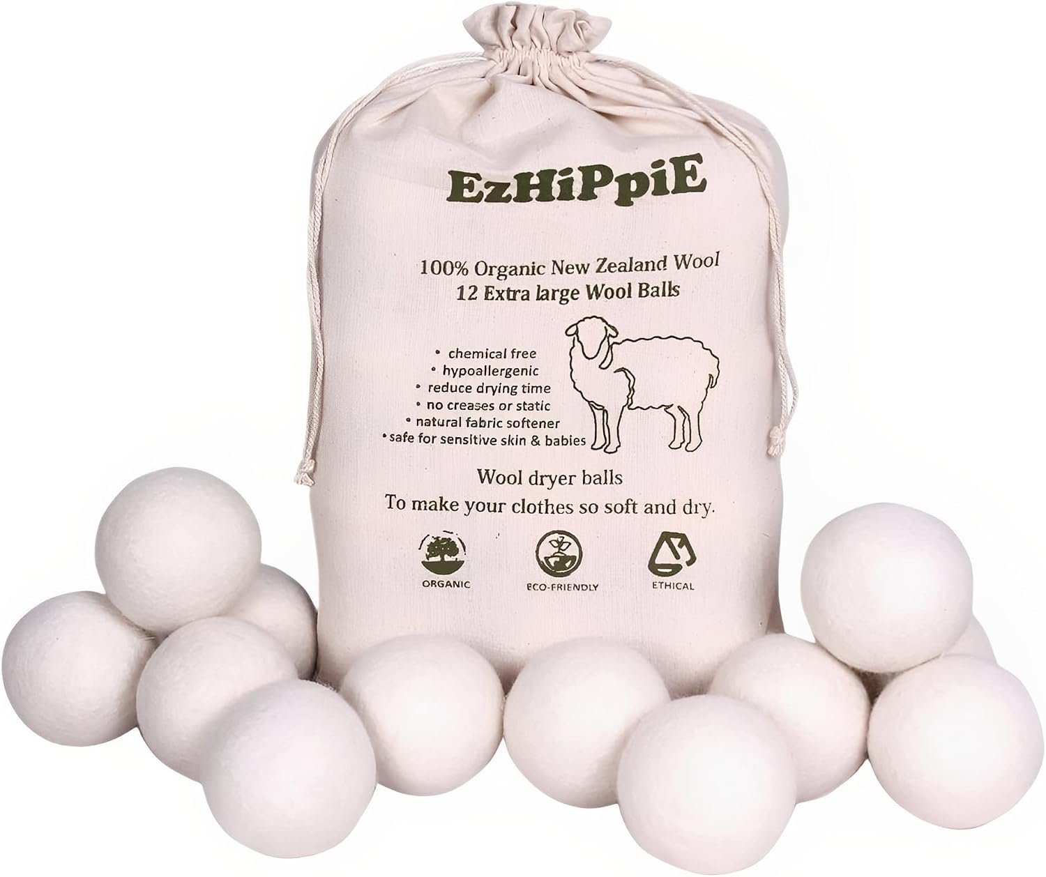 Ezhippie Quality Wool Dryer Balls – 12 XL Pack – 1000+ Loads – Pure Organic Wool – Reusable Natural Fabric Softener Perfect with Essential Oils, Reduce Clothing Static and Wrinkles