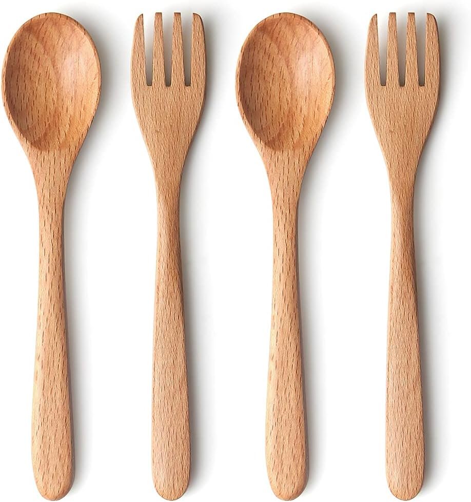 YFWOOD 4-Pieces Toddler Utensils, Natural Wooden Toddler Forks and Spoons