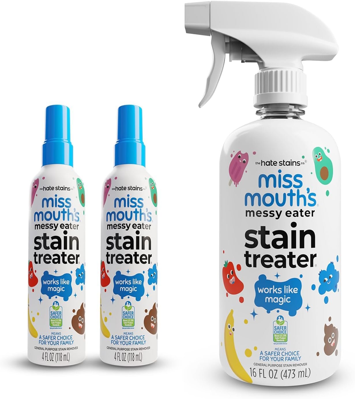 Miss Mouth’s Messy Eater Stain Treater – 4oz 2-Pack & 16oz Spray Bottle – Laundry Spot Cleaner for Clothes, Carpet & Upholstery – Baby Stain Remover