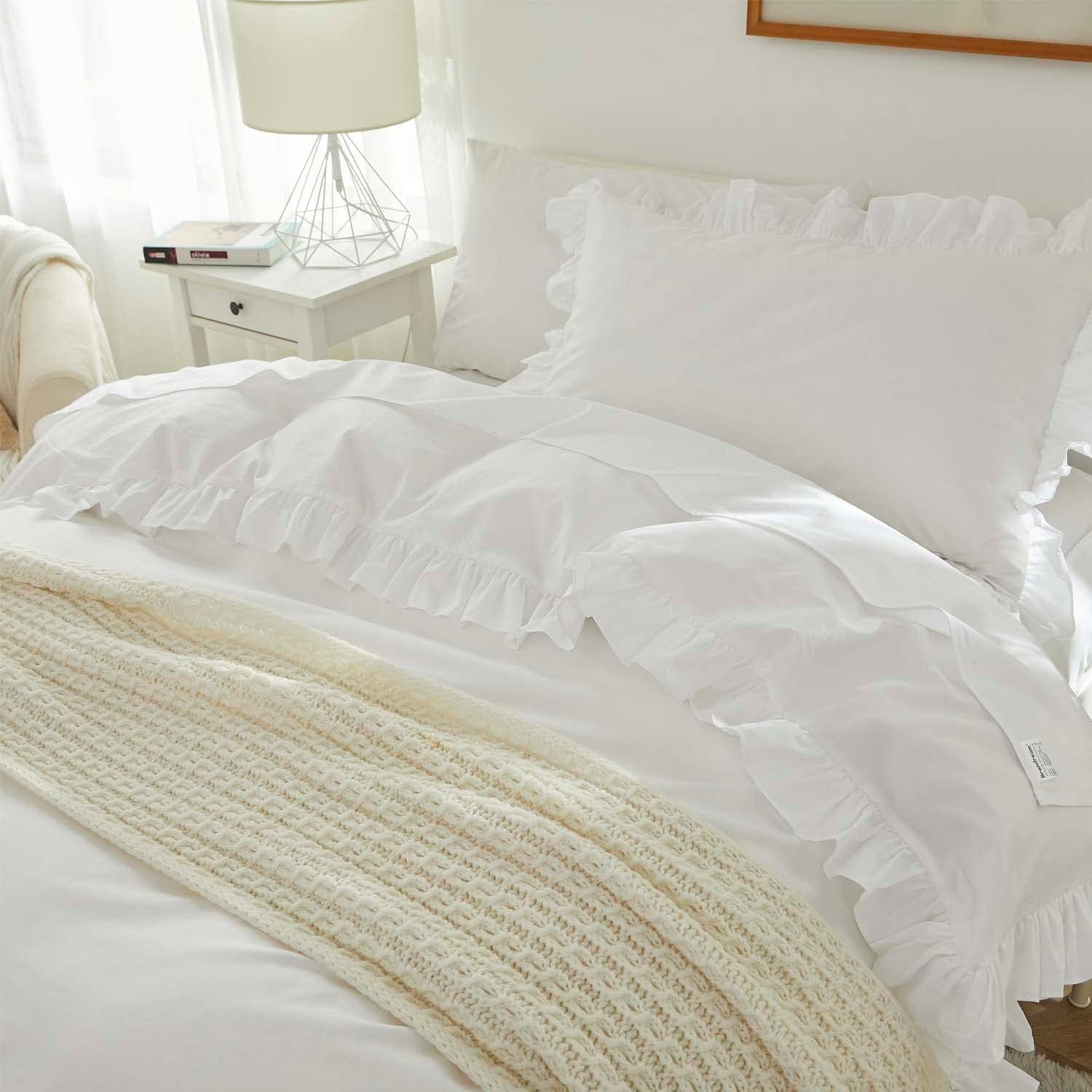 Brandream Kid’s Duvet Cover Full/Queen Size 100% Organic Cotton 3pcs Boys Girl Bedding Duvet Cover Shams Set, Delicate Ruffle Fringe Solid Color Soft and Breathable (White)