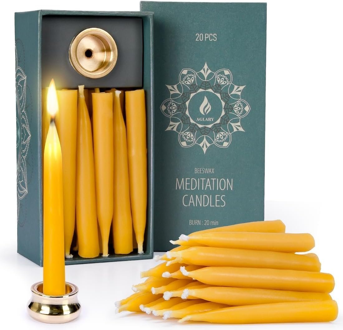 20-Minute Beeswax Meditation Candles, 20-Count with Brass Holder