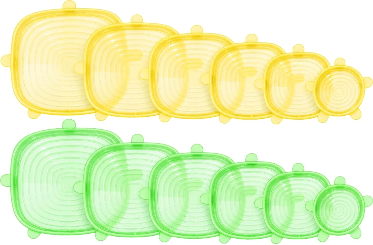 Silicone Stretch Lids for Food Storage, 12 Pack (6 Green & 6 Yellow) Food Grade Elastic Bowl Covers, Universal Container Lids for Cups, Cans & Jars, Stretch Lids, Microwave, Freezer & Dishwasher Safe