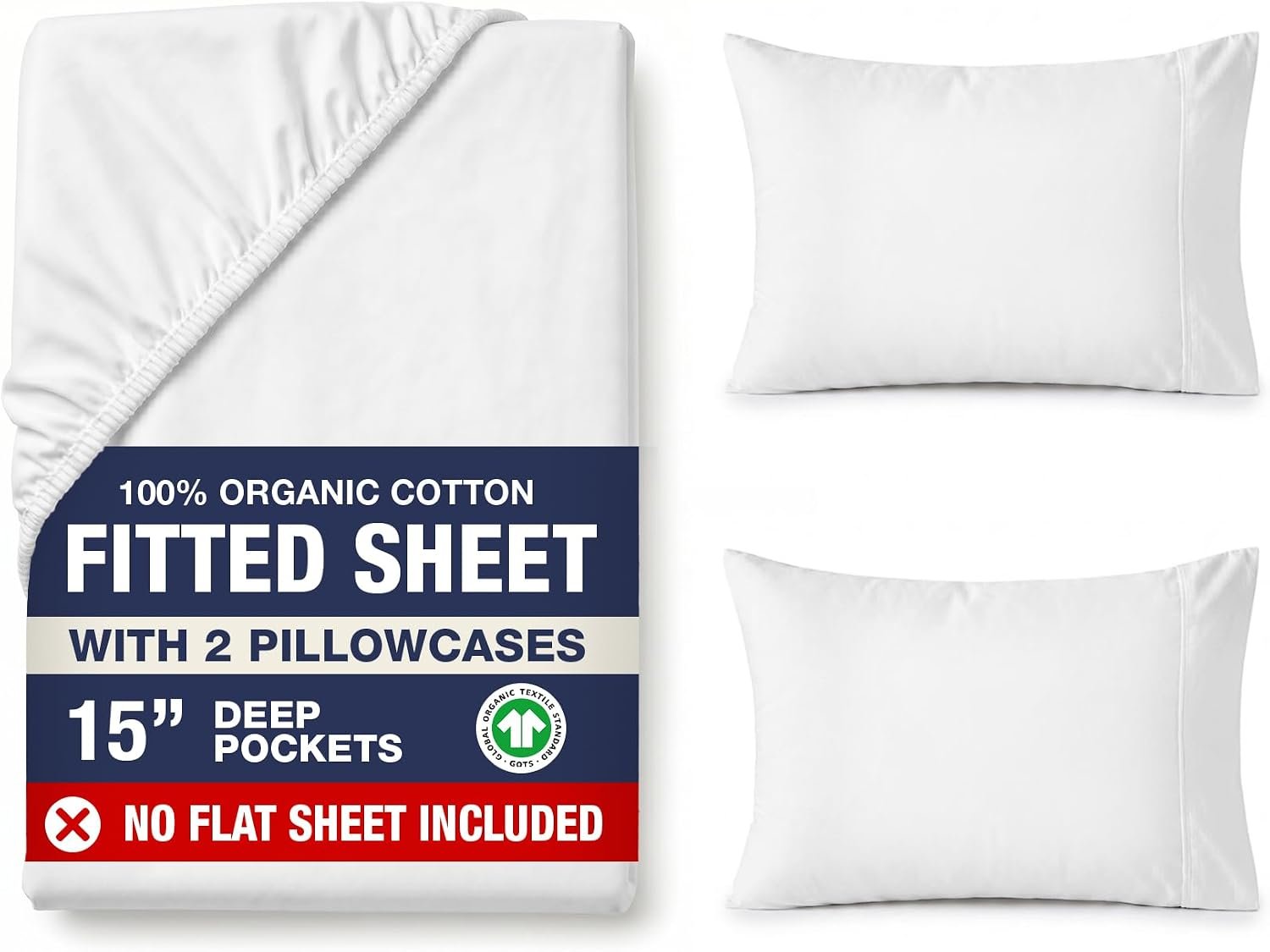 LANE LINEN 100% Organic Cotton Fitted Sheet Queen, 15″ Deep Pocket Snug Fit Fully Elasticized Naturally Temperature Regulating Soft & Comfy Deep Pocket Queen – White (+Pillowcases)