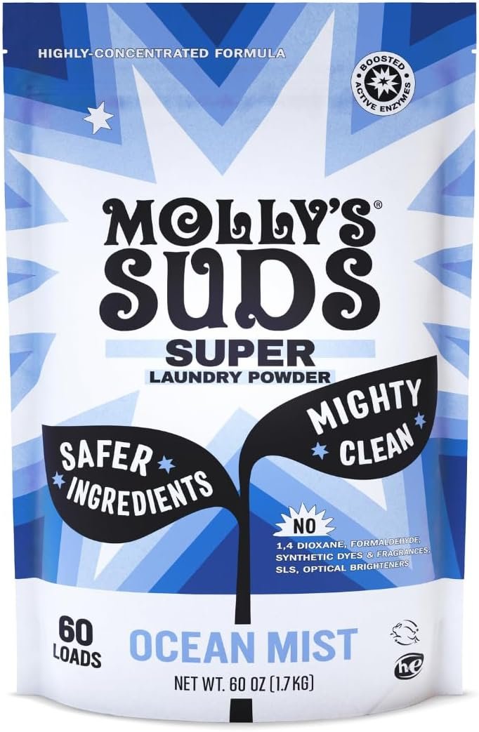 Molly’s Suds Super Powder Detergent | Extra Strength Laundry Soap, Stain Fighting | Sensitive Skin | Simple, Effective Ingredients | 60 Loads – Ocean Mist