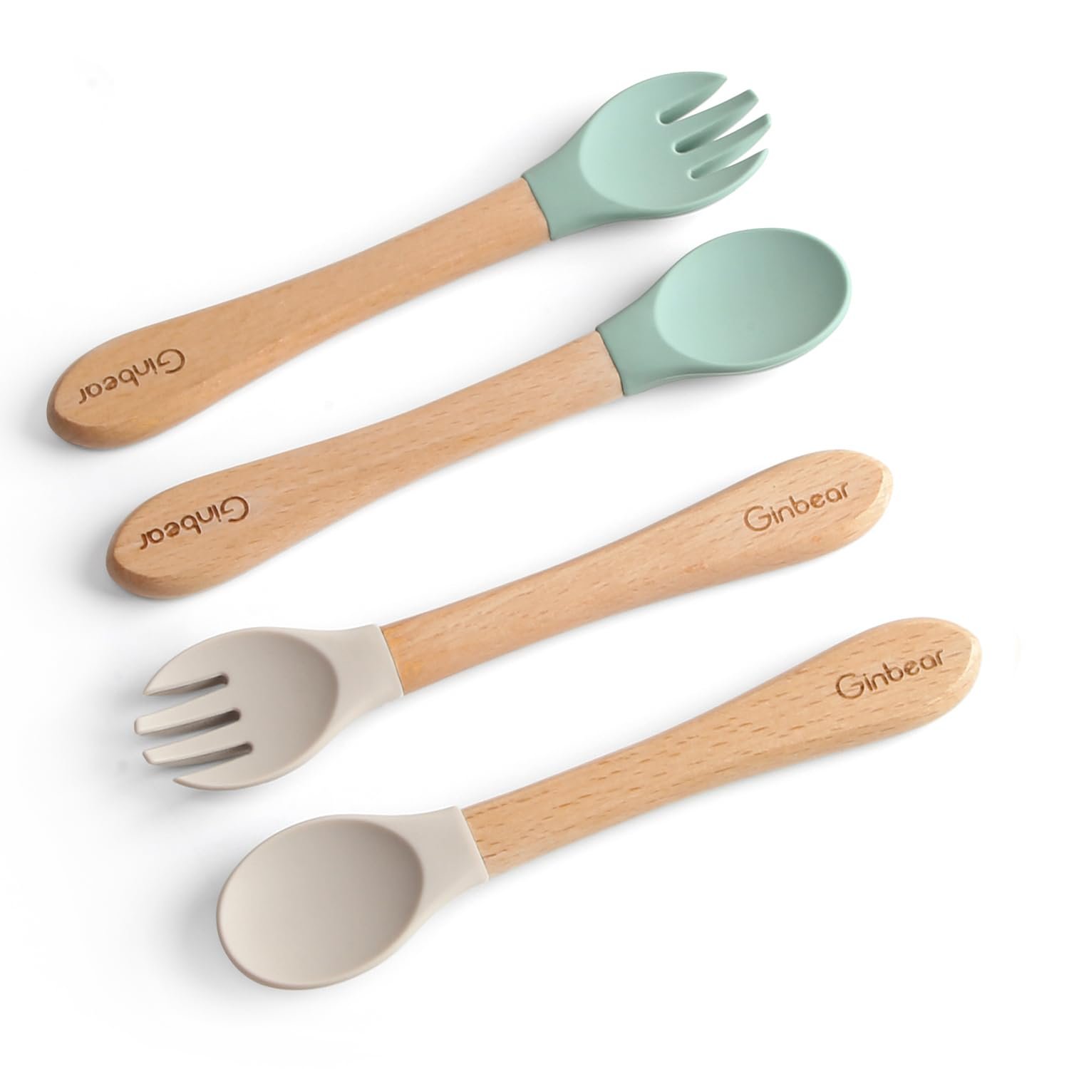 Ginbear Baby Utensils 12-18 Months 4 Piece Set (Hazy Green/Almond)
