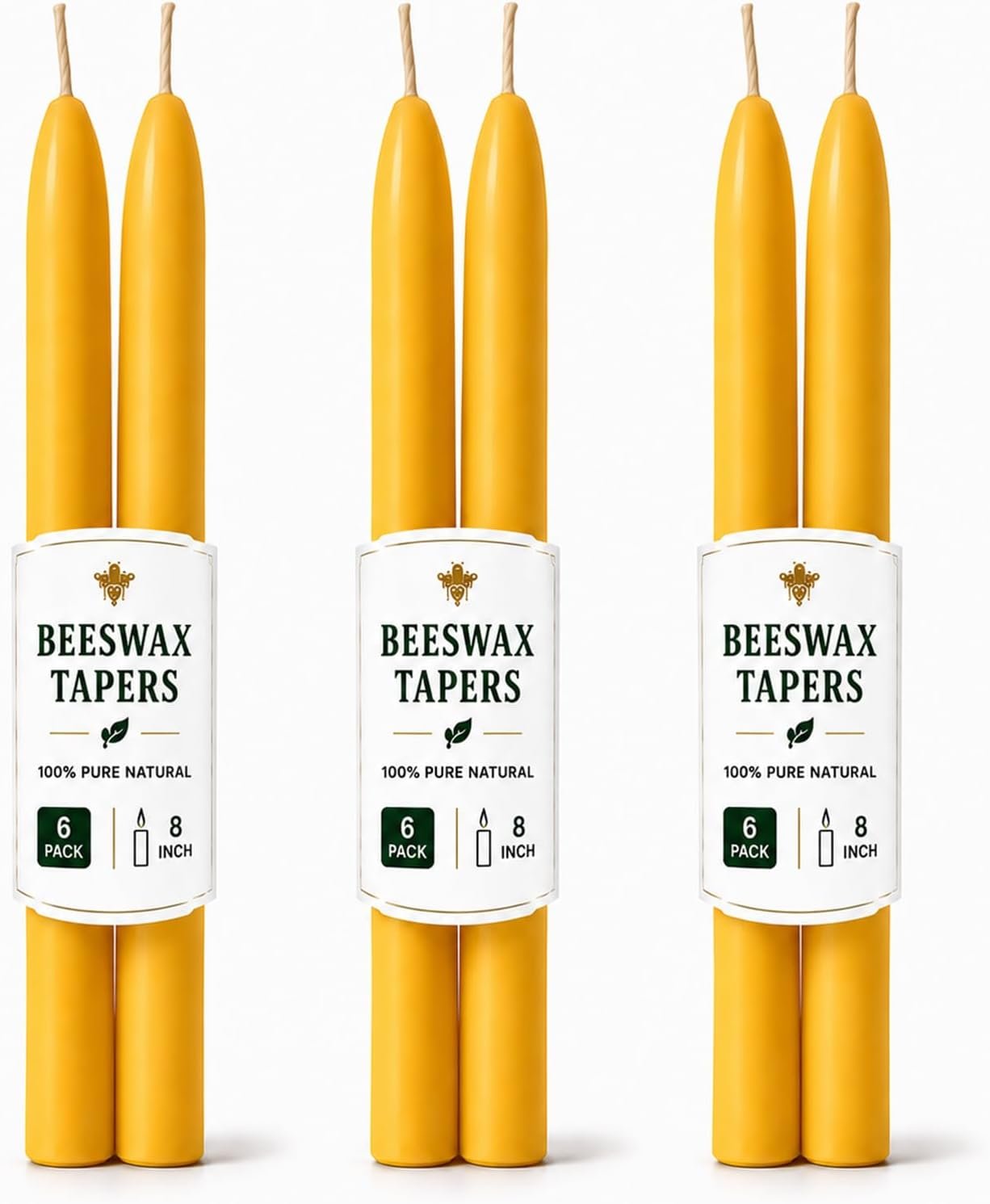 Beeswax Taper Candles,6 Pack, 8 Inch, Unscented Yellow