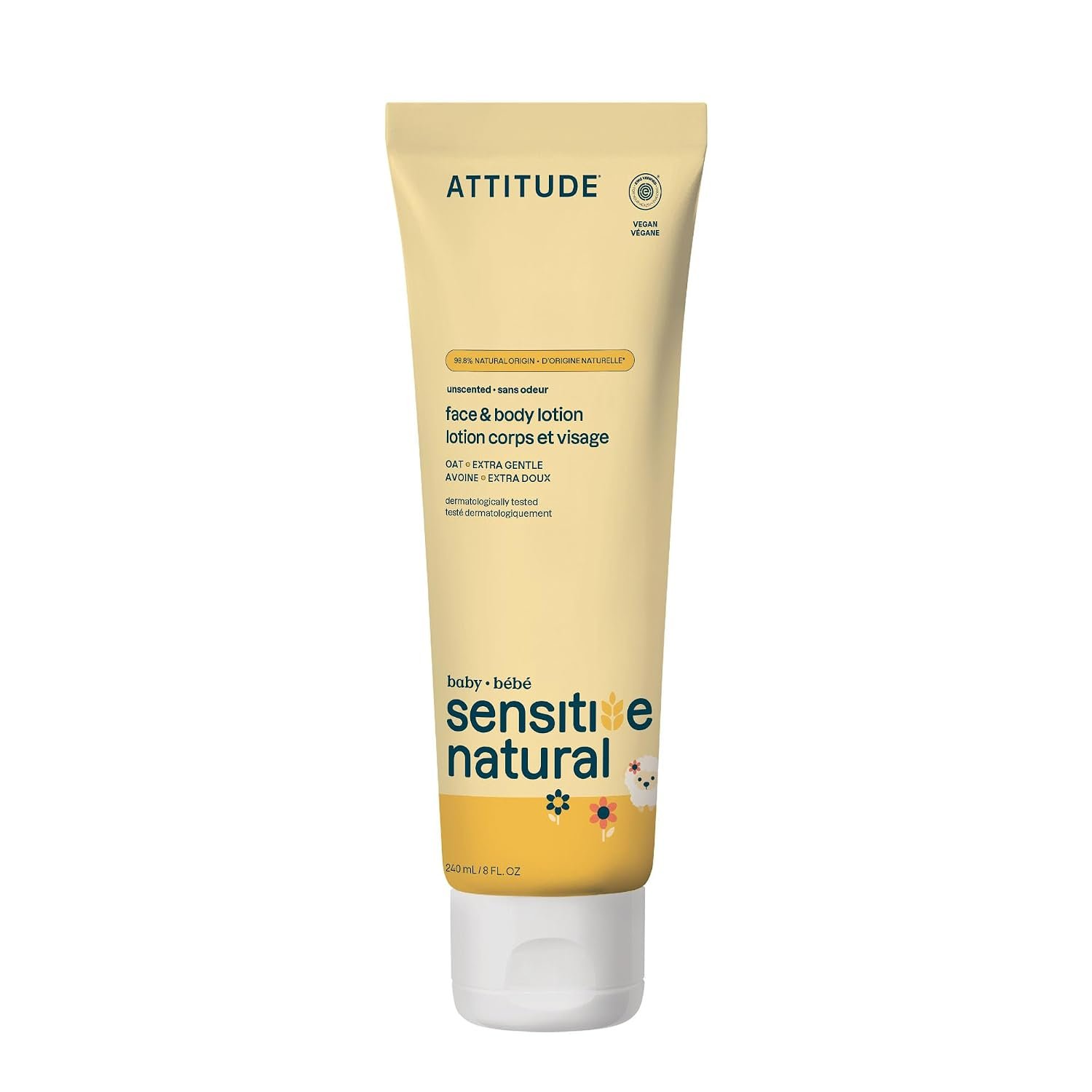 ATTITUDE Baby Lotion for Sensitive Skin with Oat, EWG Verified, Plant and Mineral-Based Ingredients, Vegan Personal Care Products, Unscented, 8 Fl Oz