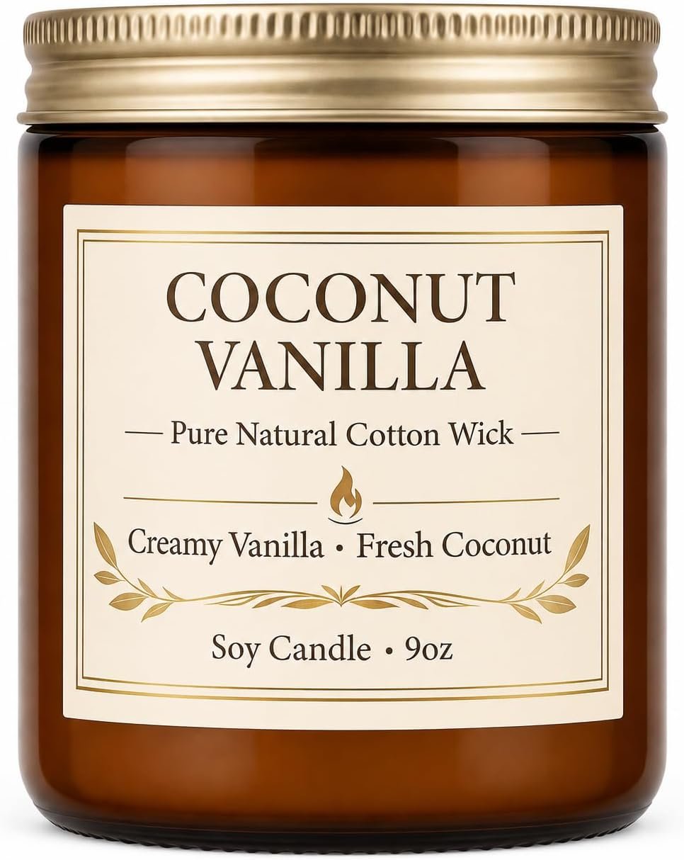 Coconut Vanilla Candle – 9oz Scented Candle, Natural Soy Candles for Home