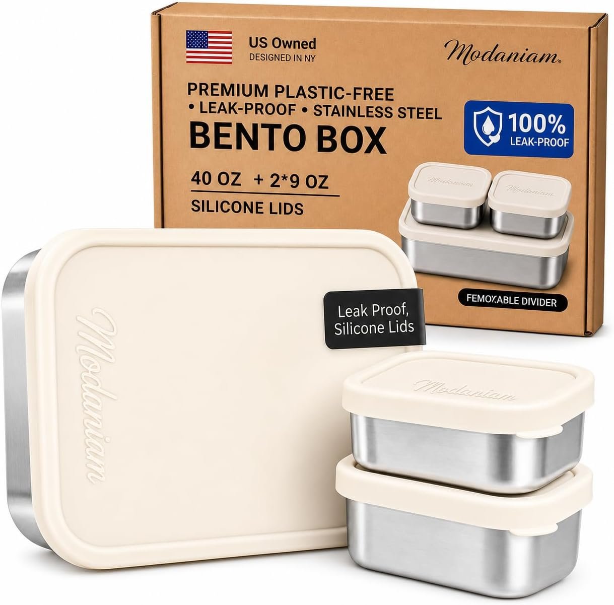 Modaniam Flexibento – 40 OZ Set -Leak proof Stainless Steel Lunch Box Containers, Lunch Containers with Silicone Lids,Steel Bento Box,Metal lunch Box, Vanilla set of 3, 1 * 40OZ + 2 * 9 OZ