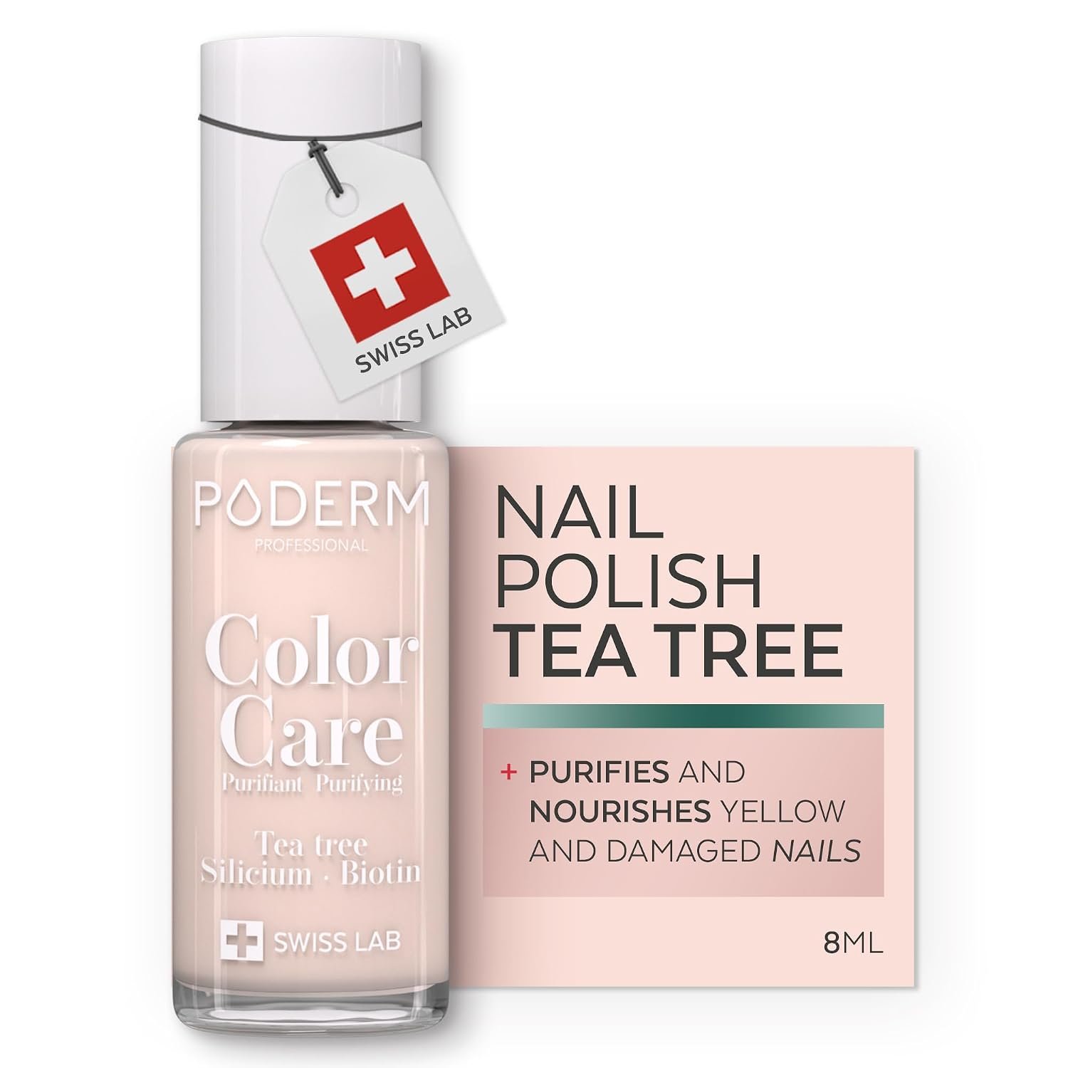 PODERM Nail Care Polish with Tea Tree – Powder Pink | Swiss Lab – 8ML | Enriched with Tea Tree, Silicon & Biotin | Purifies, Clarifies & Nourishes Yellow Nails | Created by a Podiatrist