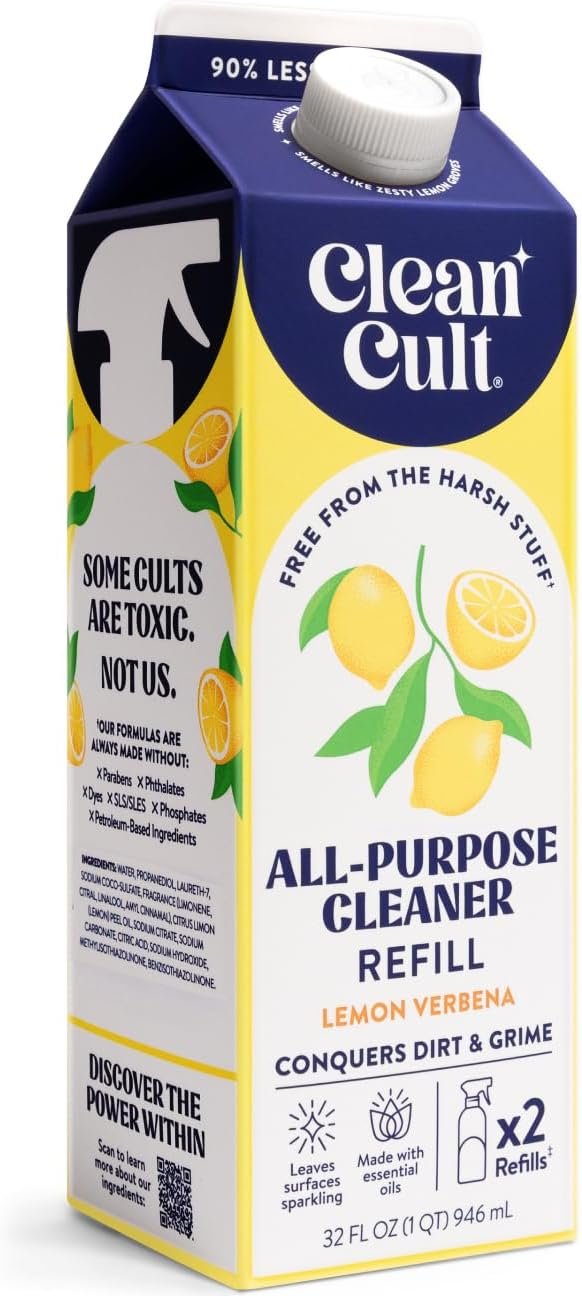 Cleancult All Purpose Cleaner Refills (32oz, 1 Pack) – Cleaner Spray that Removes Dirty & Grime – Free of Harsh Chemicals – Paper Based Eco Refill, Uses 90% Less Plastic – Lemon Verbena