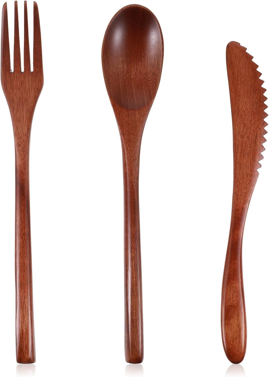 3 PCS Wooden Utensil Set for Eating, Wood Forks and Spoons Knife Reusable Wood Dinner Flatware Tableware for Travel, Camping, Kitchen Cooking