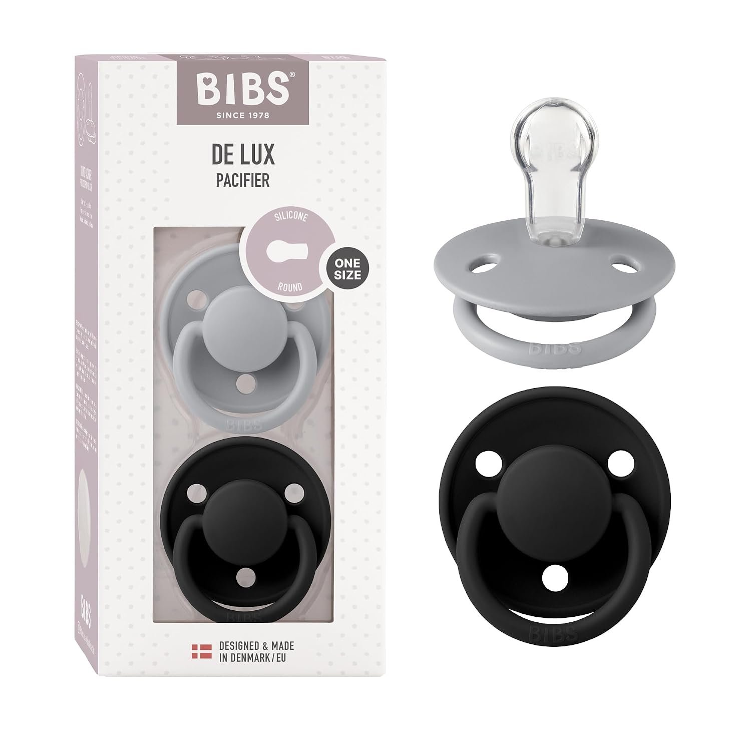BIBS Pacifiers – De Lux Collection | BPA-Free Round Nipple | Silicone | Made in Denmark | Set of 2 Cloud/Black Color Premium Soothers | Size One Size