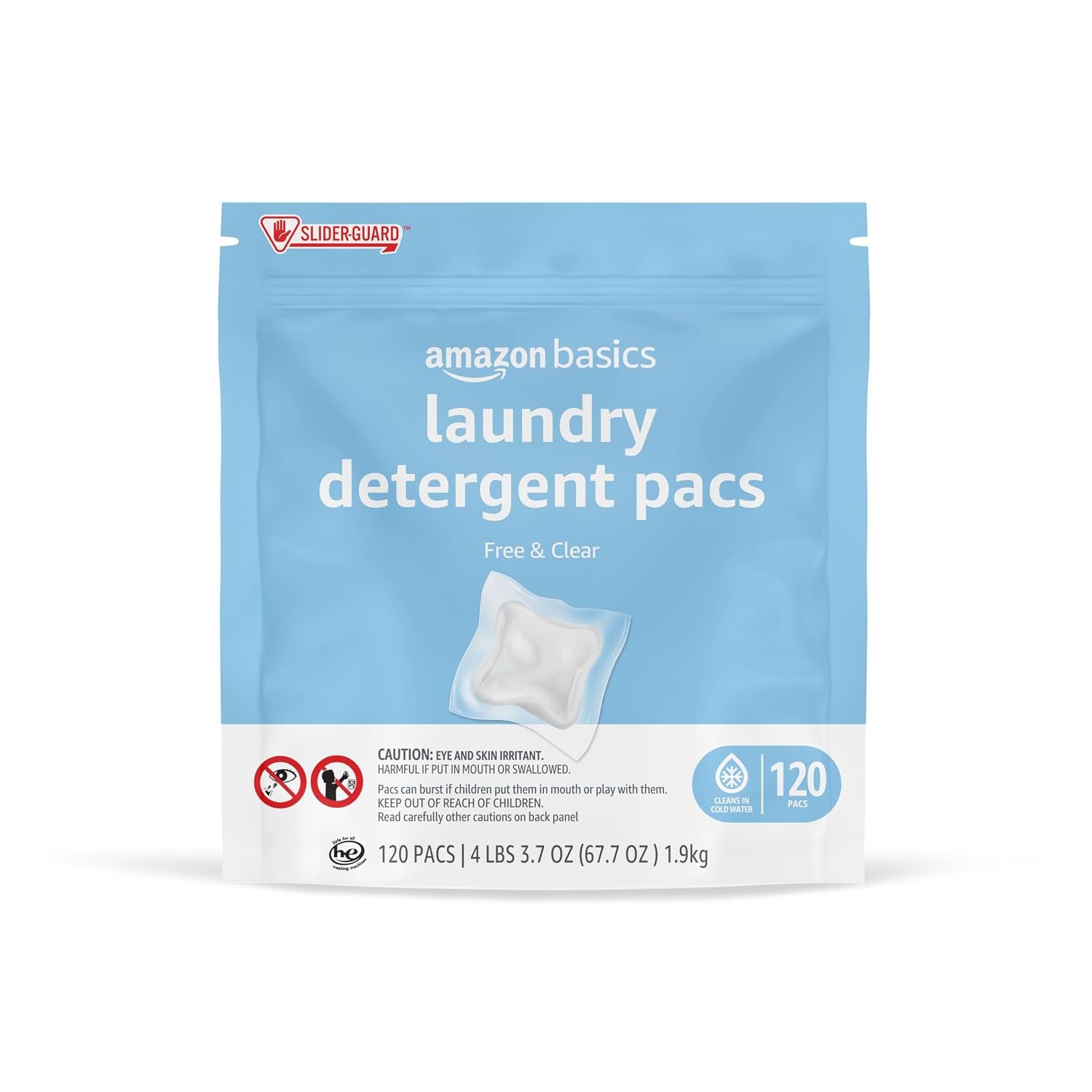 Amazon Basics Laundry Detergent Pacs, Free & Clear, Hypoallergenic, Fragrance Free, HE Compatible, Easy to Use, 120 Count (New Packaging)