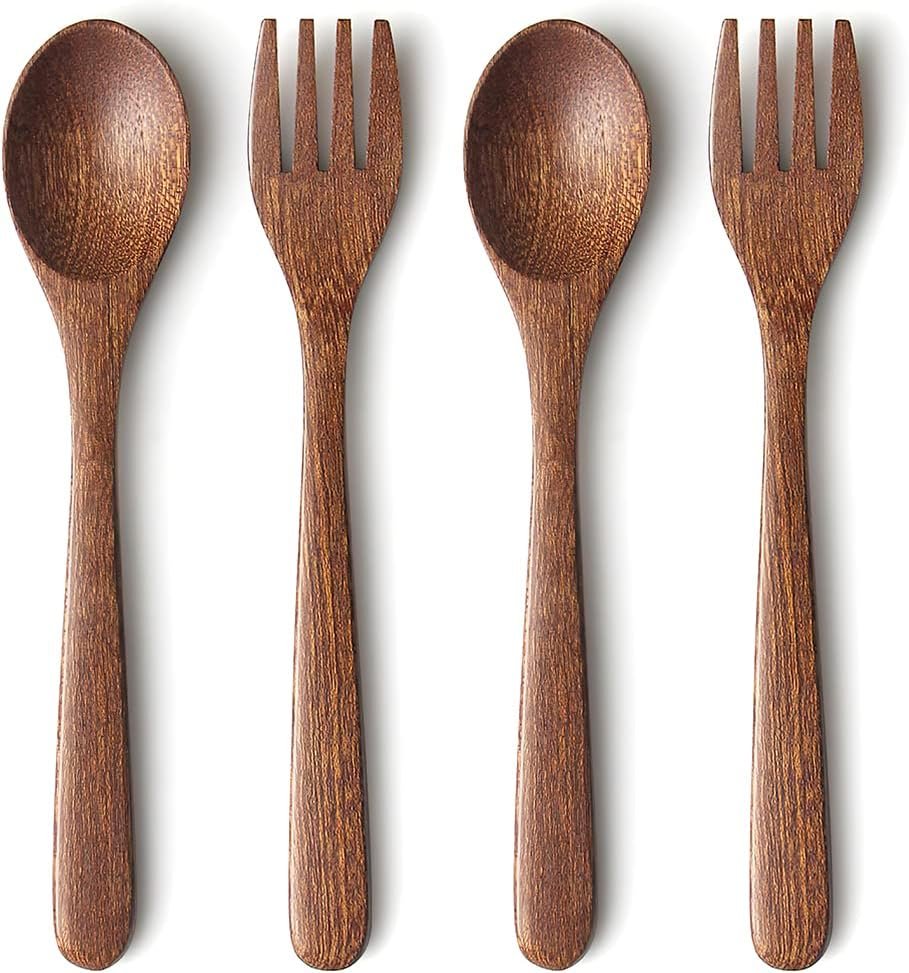 YFWOOD 4-Pieces Natural Wooden Kids Utensils Set, Child Forks and Spoons