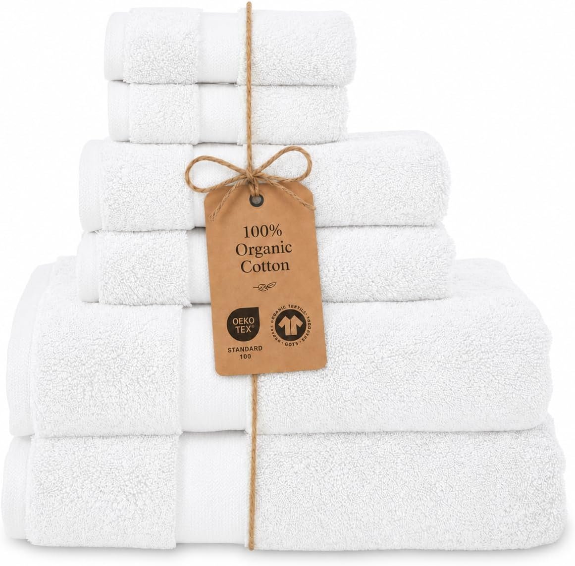 6 Pack Cotton Towel Set Large, 700 GSM GOTS Oeko-TEX Certified – White