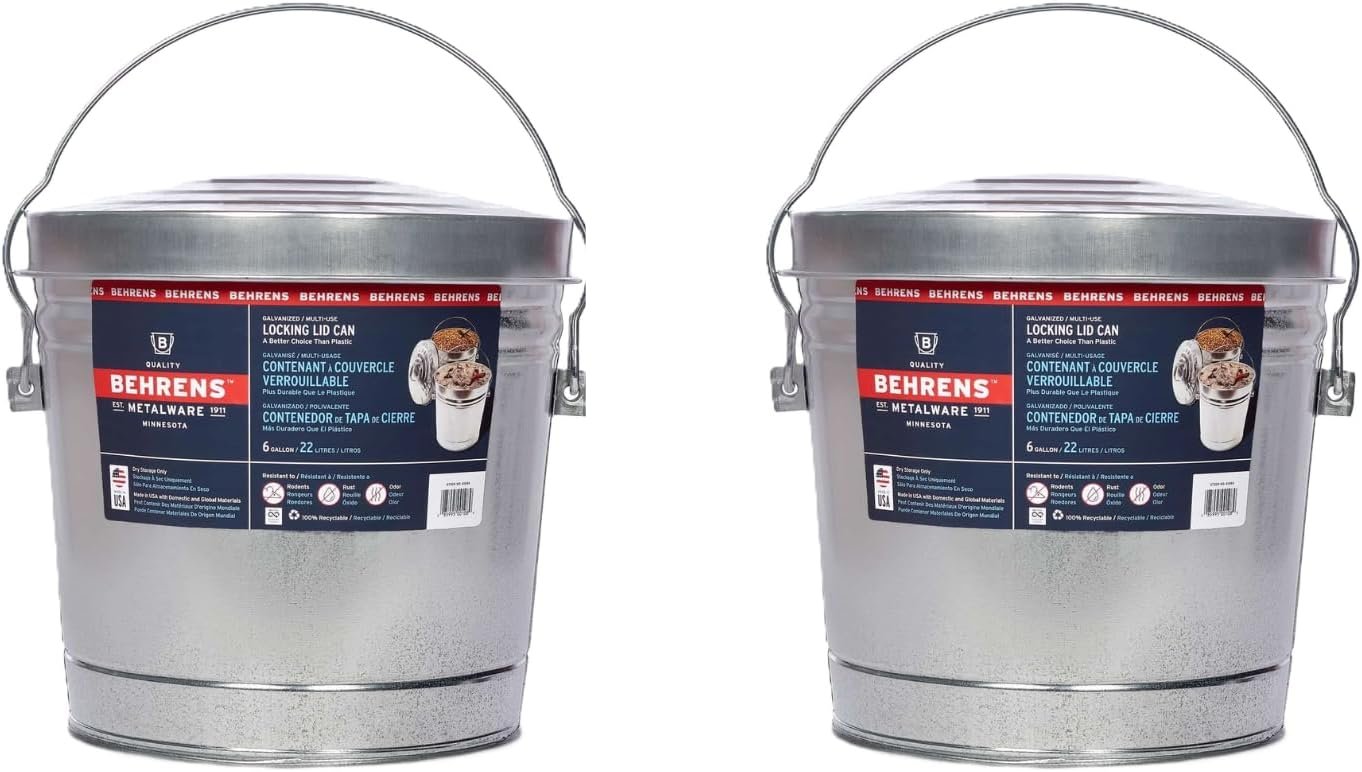 Behrens 6 Gallon Galvanized Steel Storage Can or Waste Bin w/Locking Lid & Handle (2 Cans, No Grip)